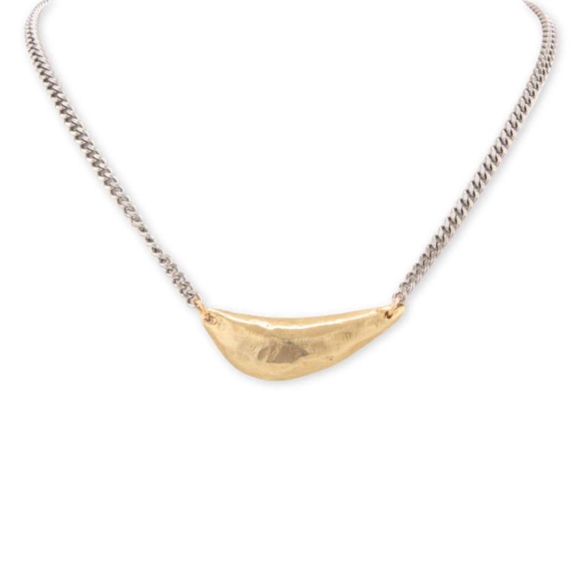 Sone Mixed Metal Necklace by Taylor & Tessier, a silver curb chain with a hammered gold crescent-shaped pendant