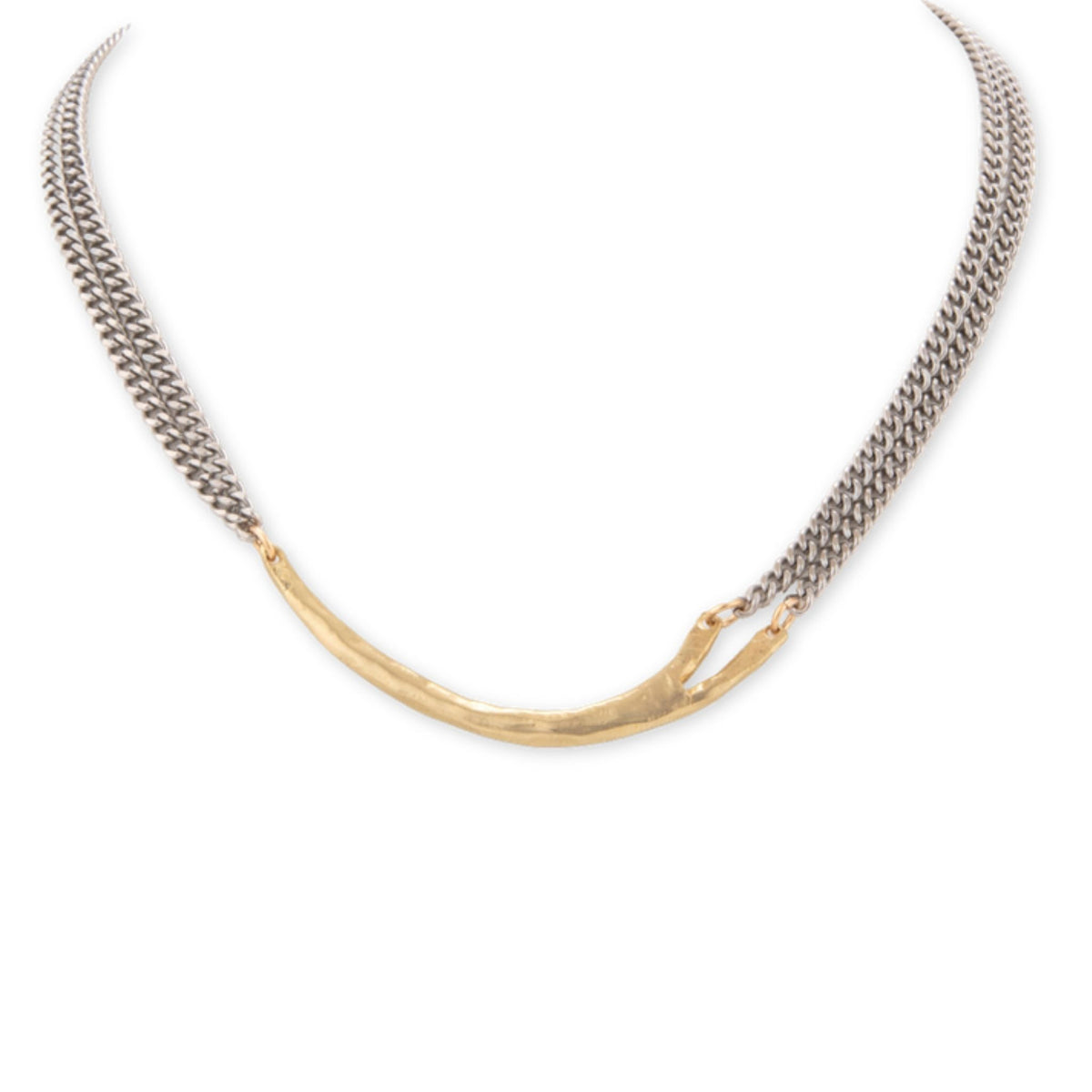 Roon Mixed Metal Necklace by Taylor & Tessier, two silver curb chain strands joined by a curved hammered gold bar