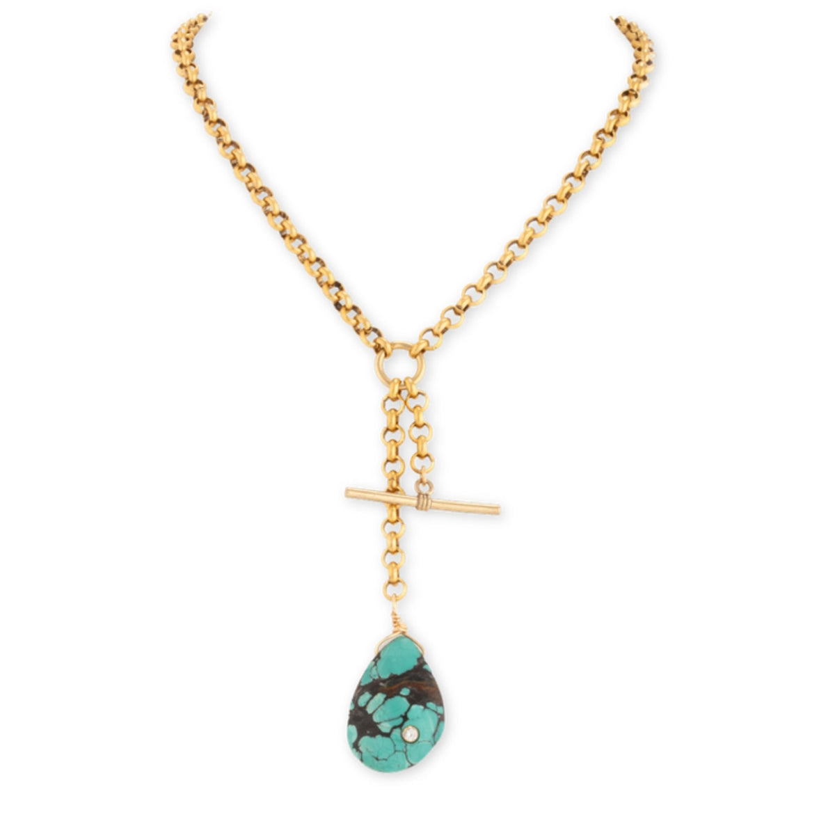 Heritage Necklace by Taylor & Tessier, a gold rolo chain with a T-bar toggle and a large turquoise teardrop pendant