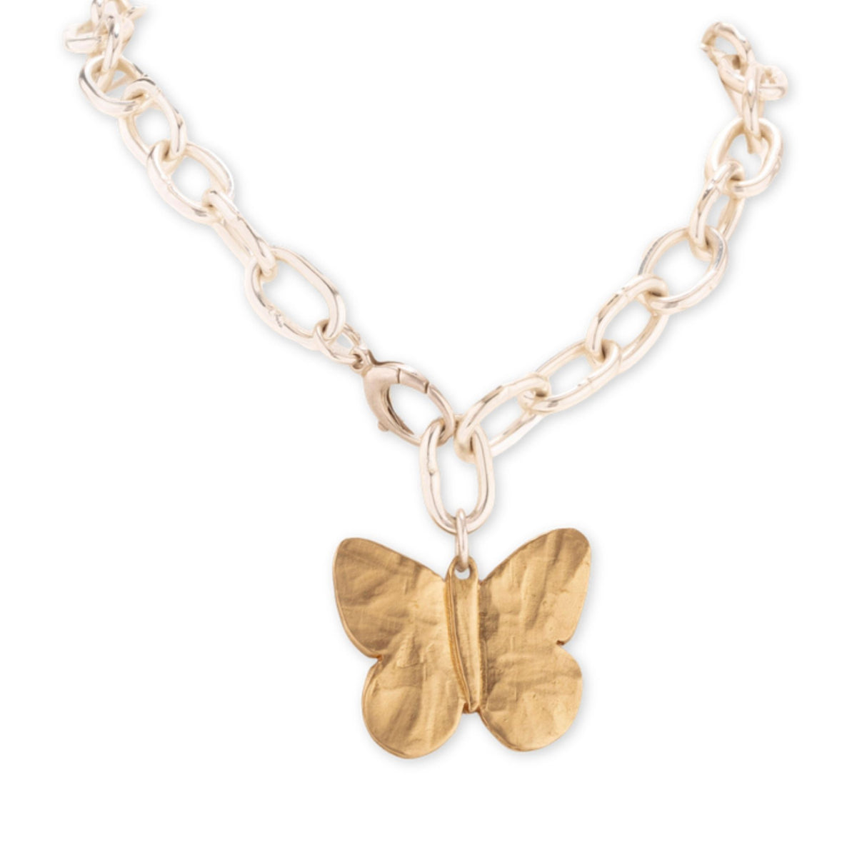 Hina Necklace by Taylor & Tessier, a gold butterfly pendant on a chunky silver oval link chain with a lobster clasp
