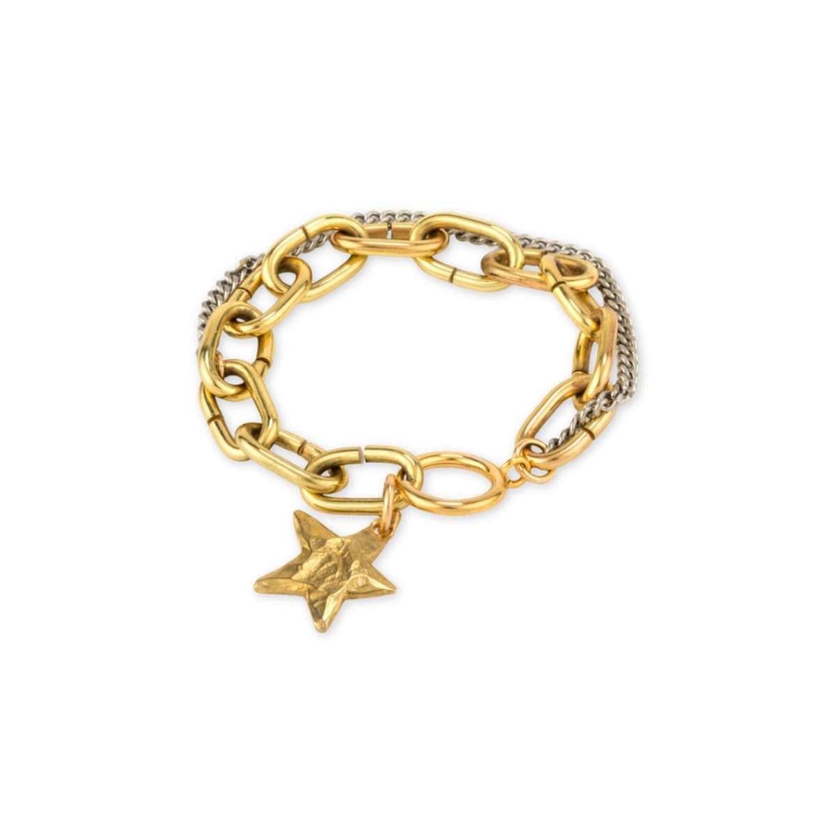 Chunky gold and silver mixed chain bracelet with a hammered gold star charm and round clasp on white
