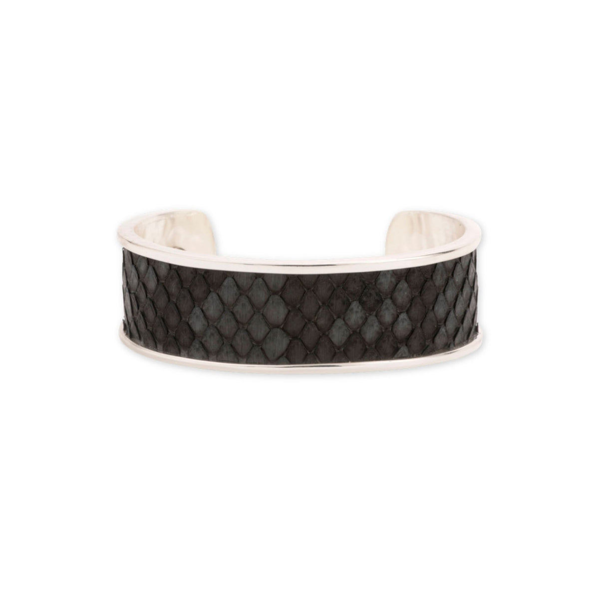 Charcoal Silver Cuff bracelet by Taylor & Tessier, a sterling silver cuff with a charcoal black python-embossed panel