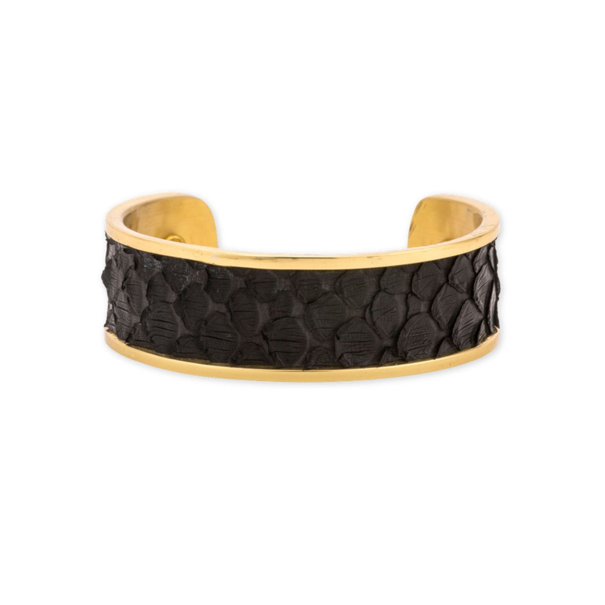 Black Gold Cuff bracelet by Taylor & Tessier, a brass cuff with a black python-embossed leather panel, front view