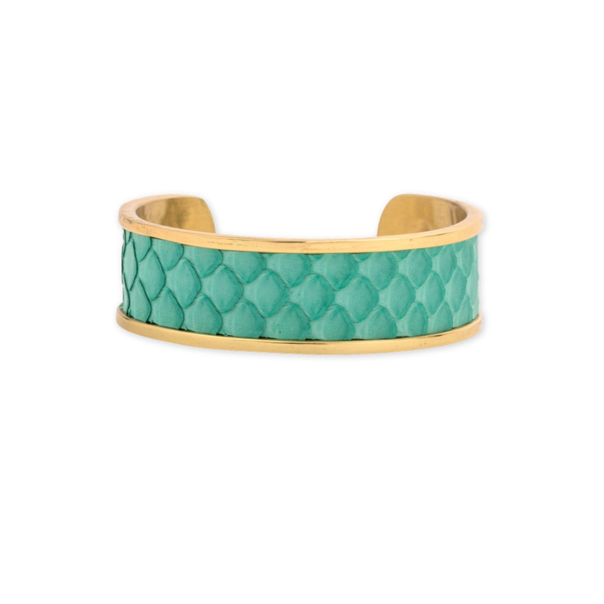 Turquoise Gold Cuff bracelet by Taylor & Tessier, a brass cuff with a bright turquoise python-embossed leather panel