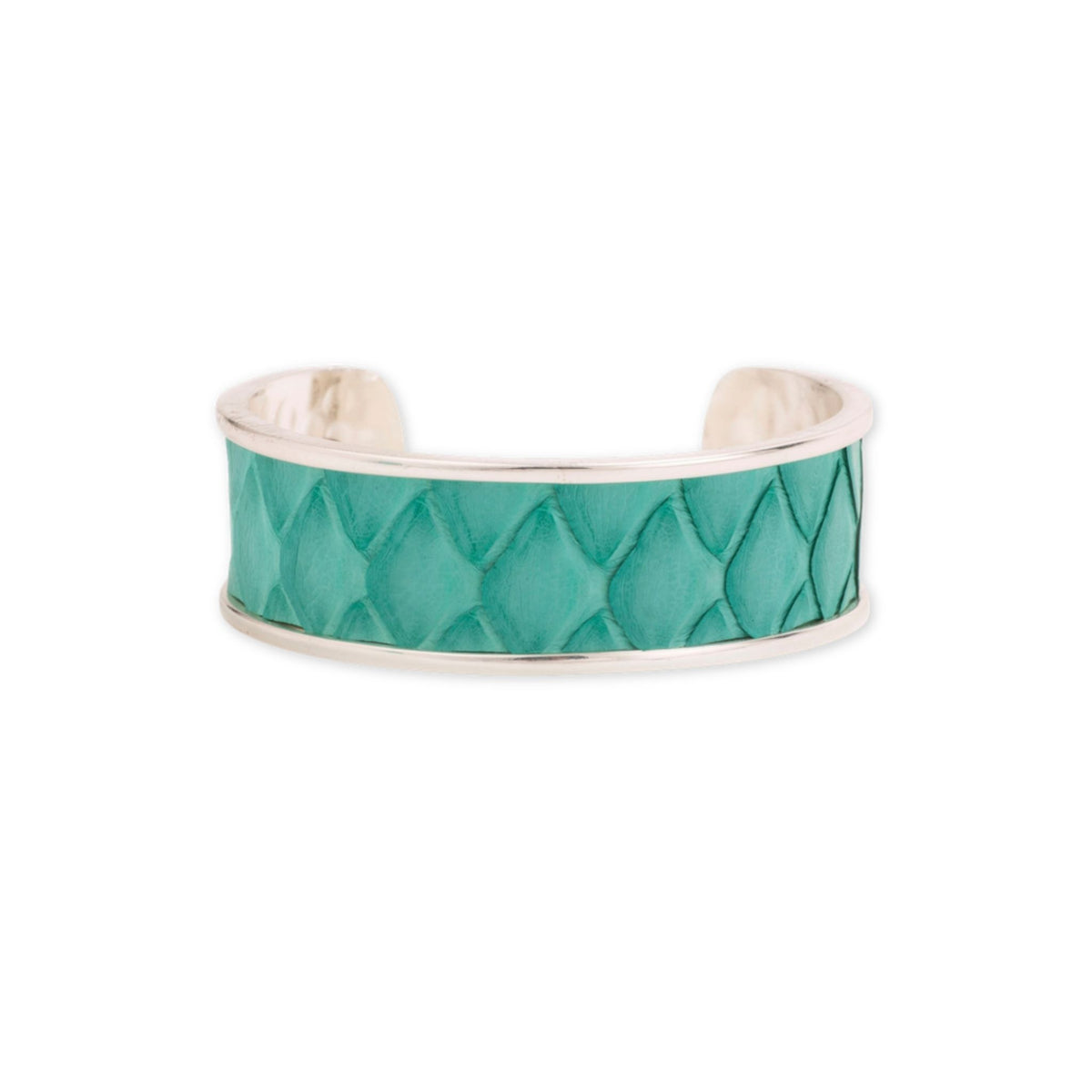 Turquoise Silver Cuff bracelet by Taylor & Tessier, a sterling silver cuff with a turquoise python-embossed panel