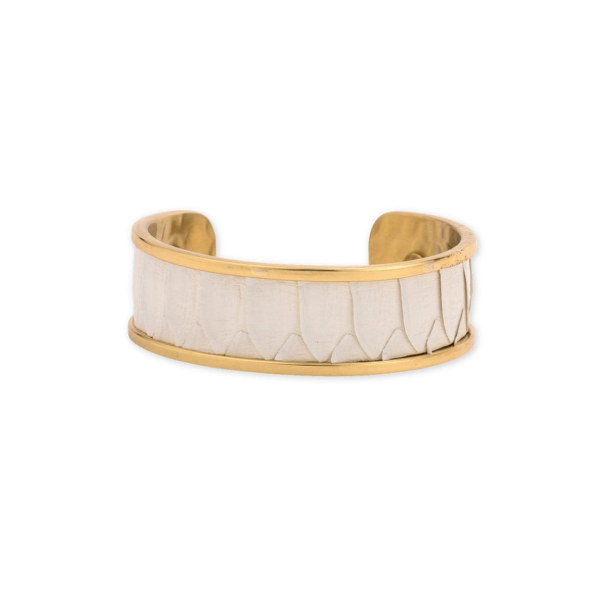 White Gold Cuff bracelet by Taylor & Tessier, a brass cuff with a crisp white python-embossed leather panel, front view
