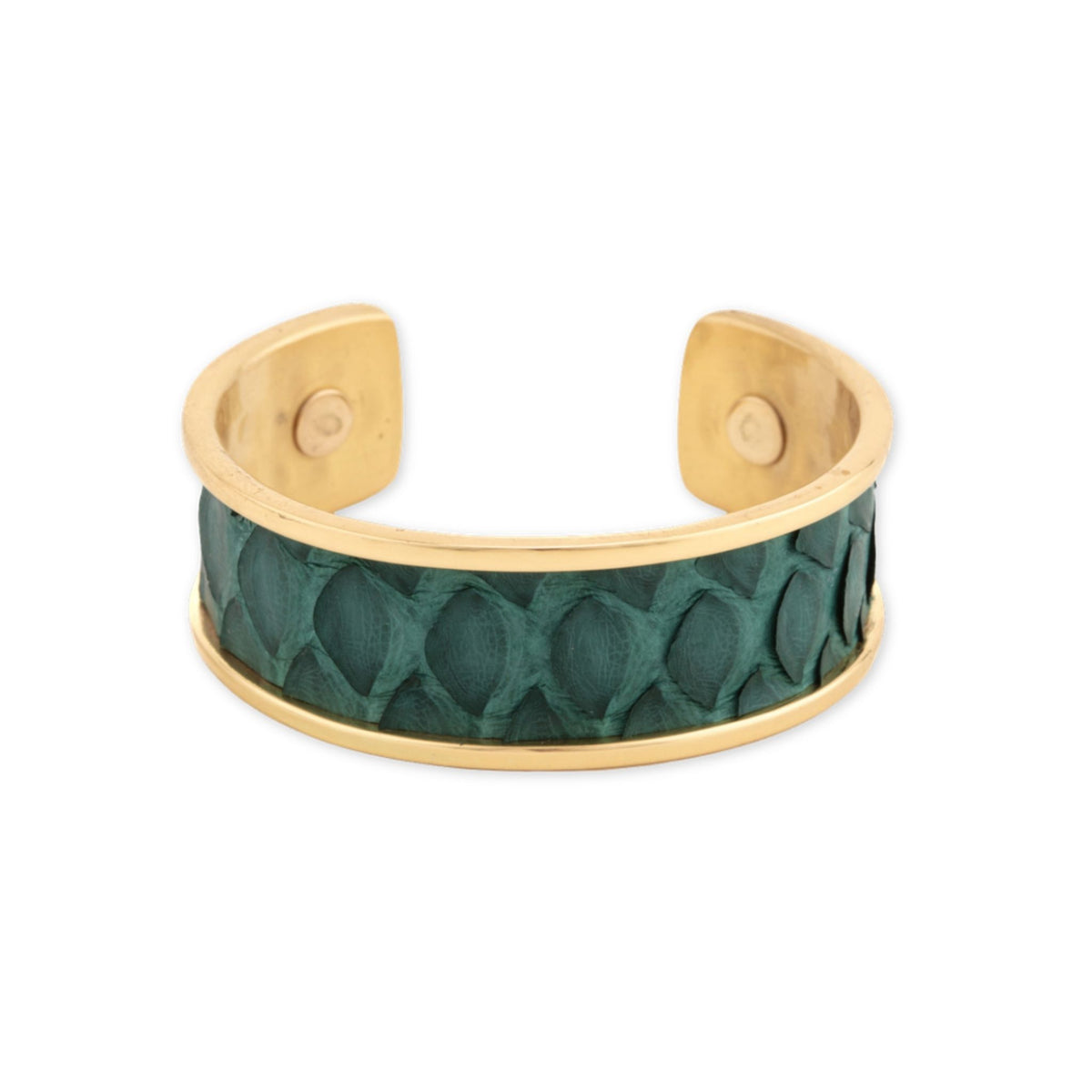 Pine Gold Cuff bracelet by Taylor & Tessier, a brass cuff with a deep pine green python-embossed leather panel