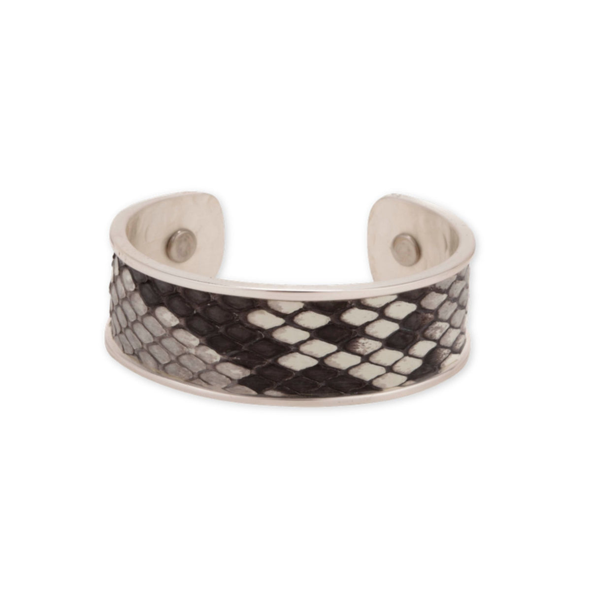 Charcoal & White Silver Cuff bracelet by Taylor & Tessier, a sterling silver cuff with a charcoal and white python panel