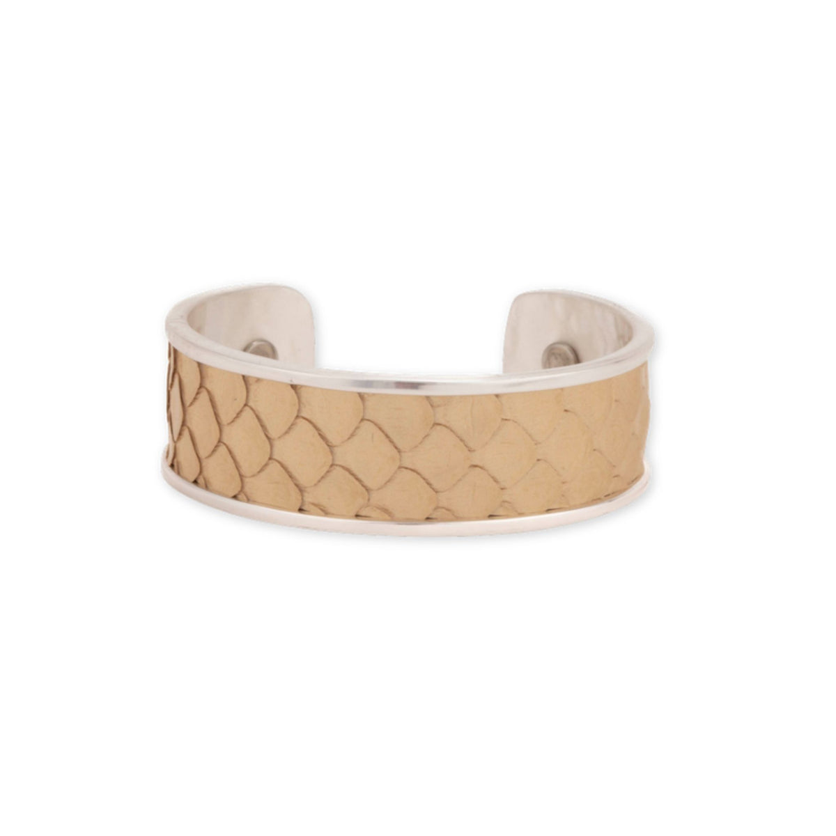Gold Python Silver Cuff bracelet by Taylor & Tessier, a sterling silver cuff with a tan and gold python-embossed panel