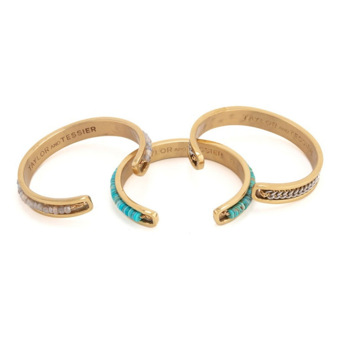 Marama Bracelet by Taylor & Tessier, brass cuff bracelets with beads, turquoise discs and an oxidized silver chain inlay