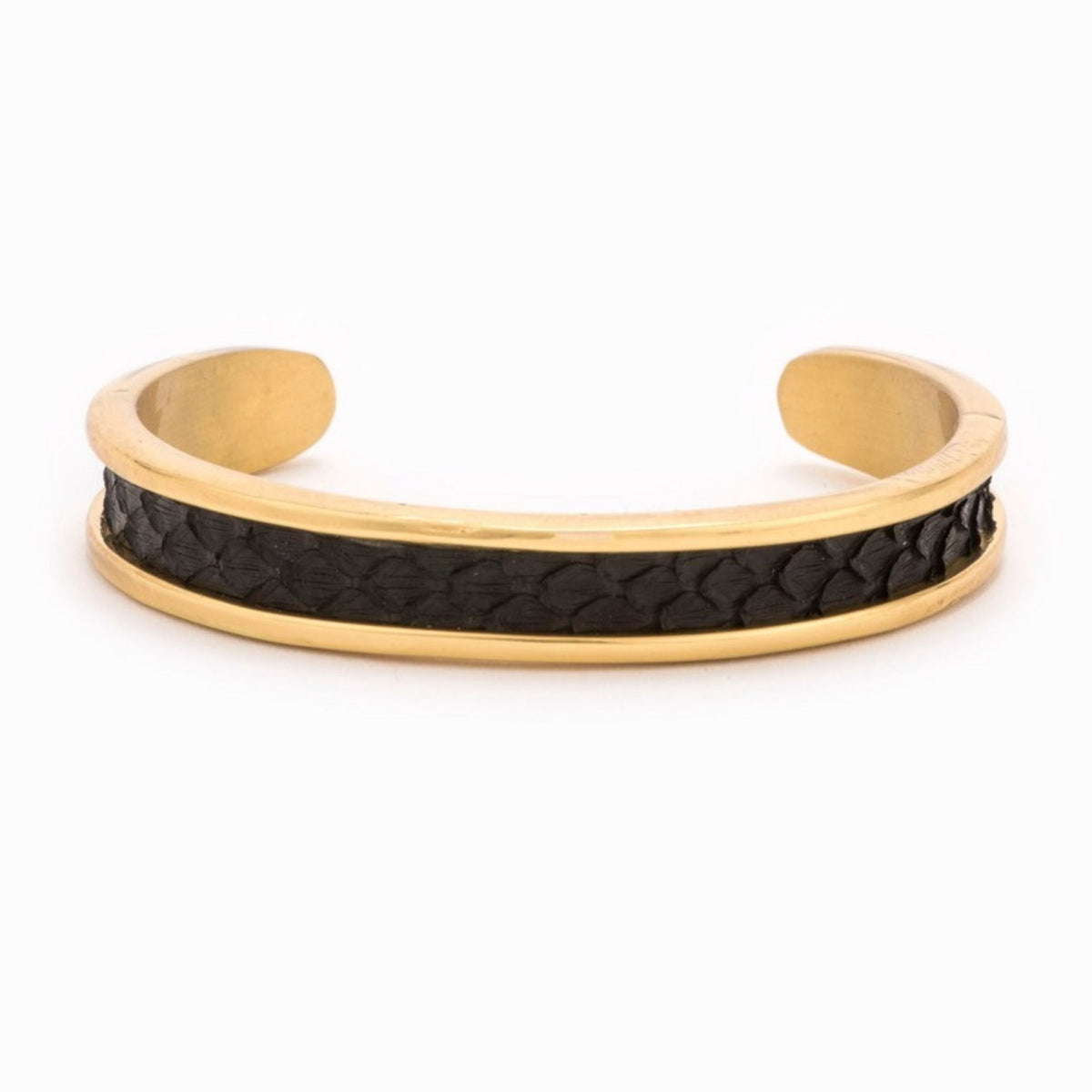 Small Taylor & Tessier cuff bracelet, .5in wide, front view, black python-embossed leather on a gold band