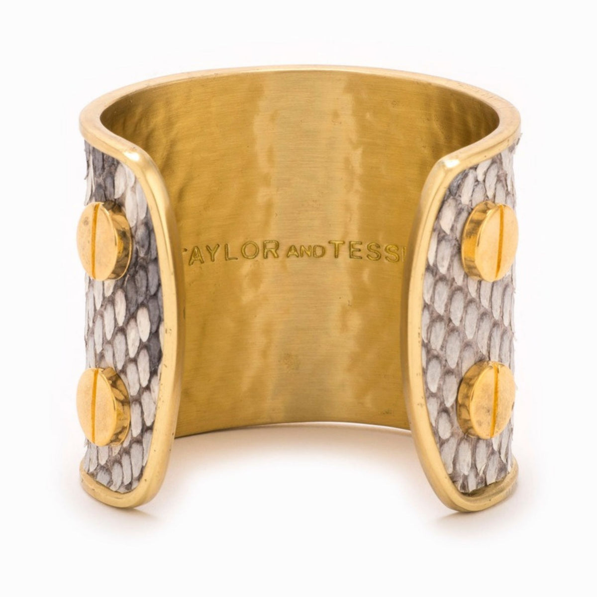 Large Taylor & Tessier cuff bracelet, inside view, black and white python-embossed leather on a gold band