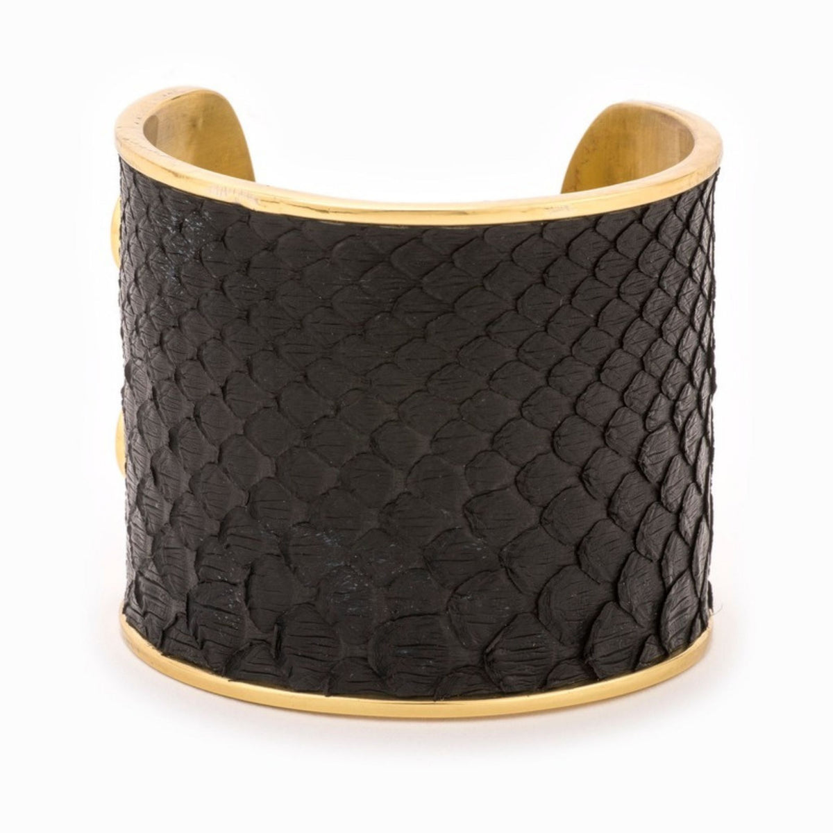 Large Taylor & Tessier cuff bracelet, front view, black python-embossed leather on a gold band