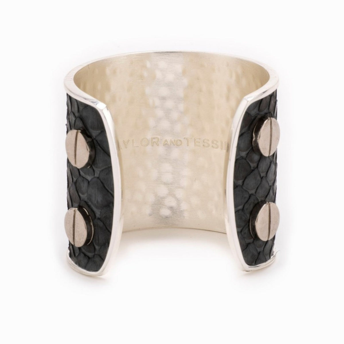 Large Taylor & Tessier cuff bracelet, inside view, charcoal gray python-embossed leather on a silver band