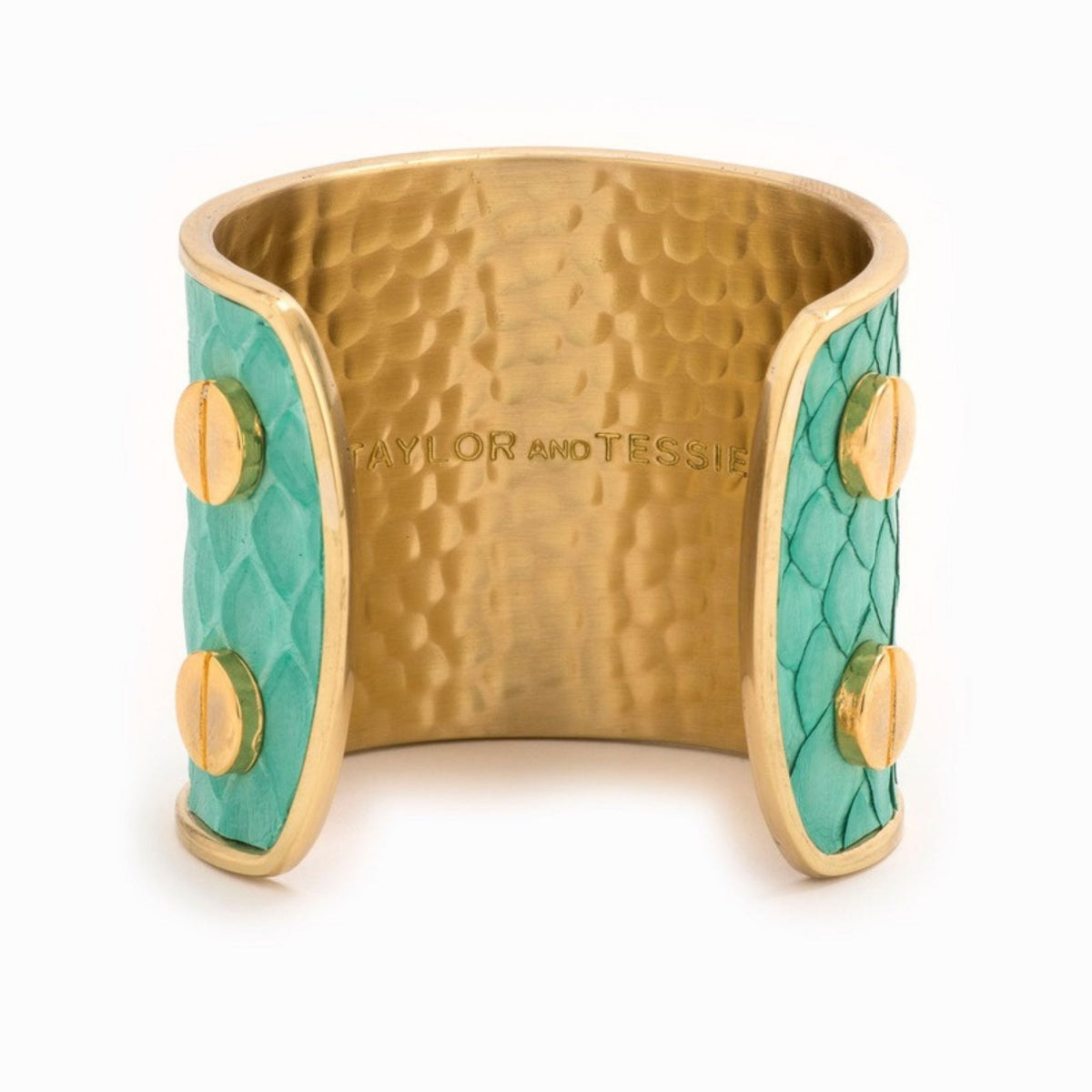 Large Taylor & Tessier cuff bracelet, inside view, turquoise python-embossed leather on a gold band