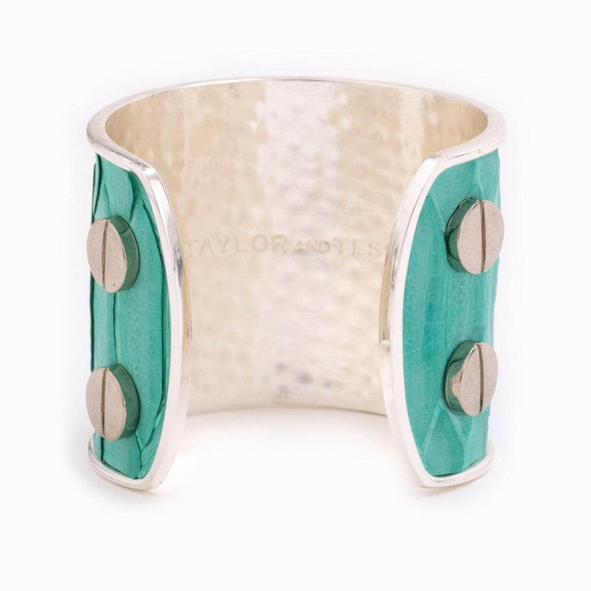 Large Taylor & Tessier cuff bracelet, inside view, turquoise python-embossed leather on a silver band