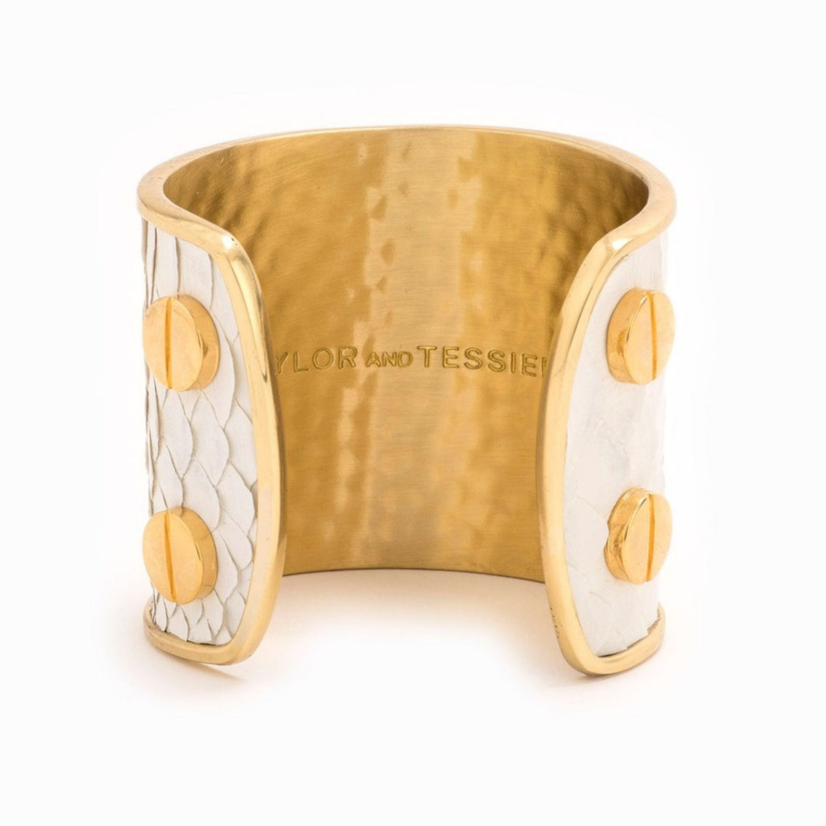 Large Taylor & Tessier cuff bracelet, inside view, white python-embossed leather on a gold band
