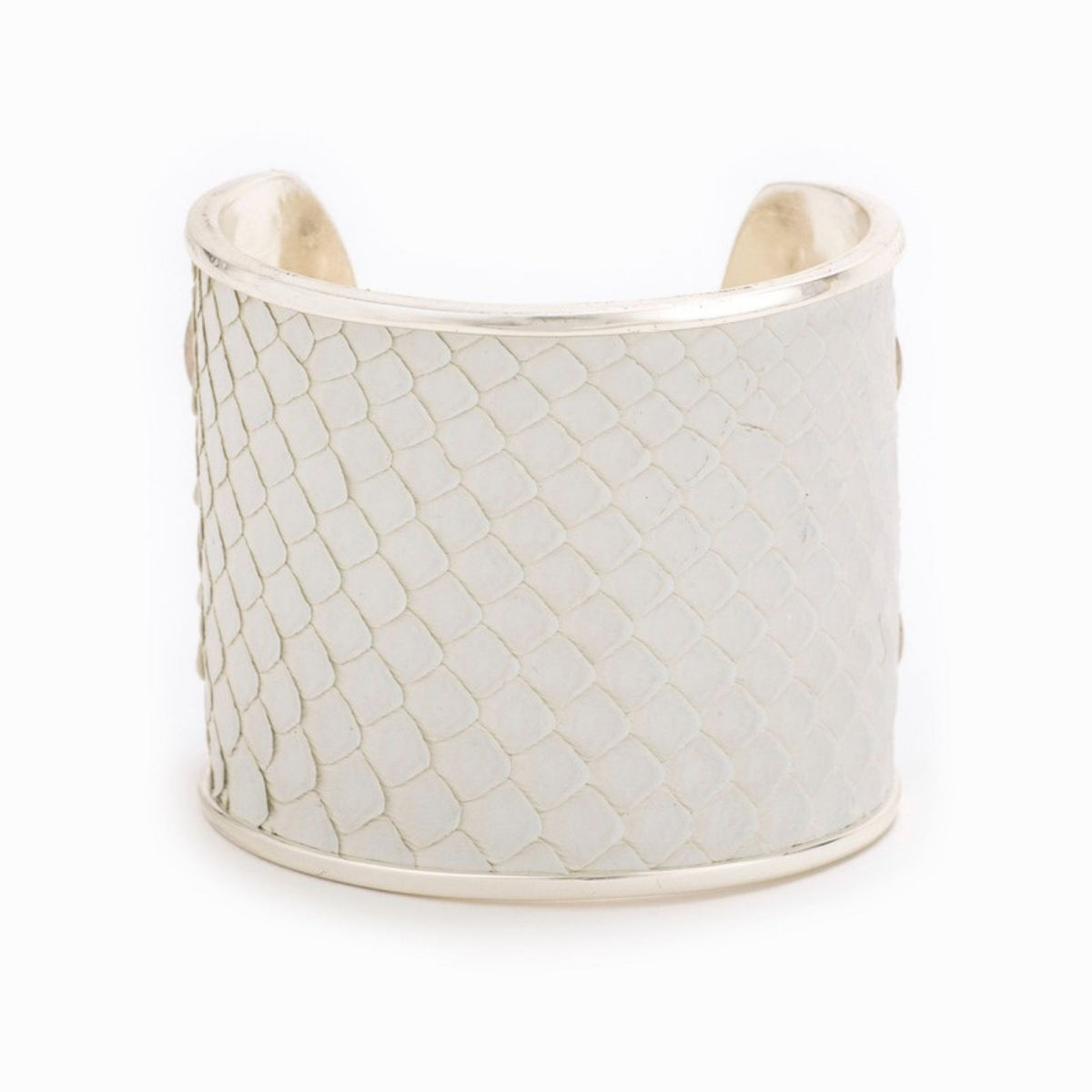 Large Taylor & Tessier cuff bracelet, front view, white python-embossed leather on a silver band