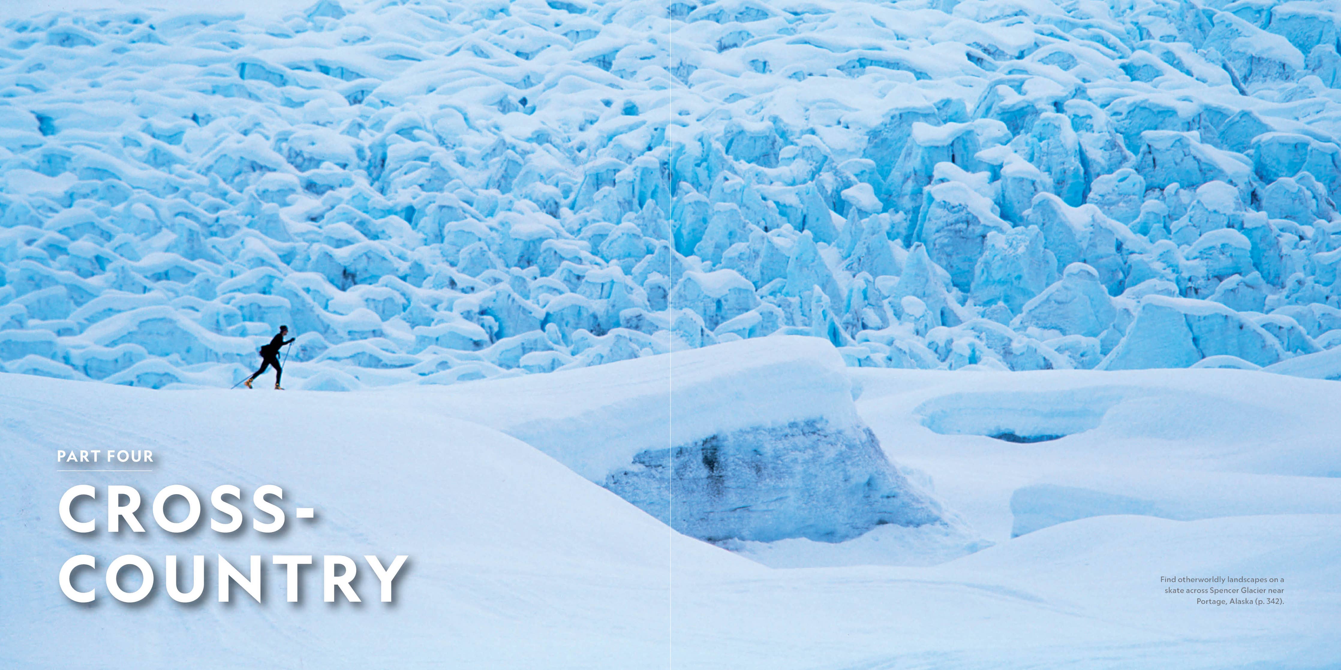 Person walking on a glacier with text 'Cross-Country' in the foreground