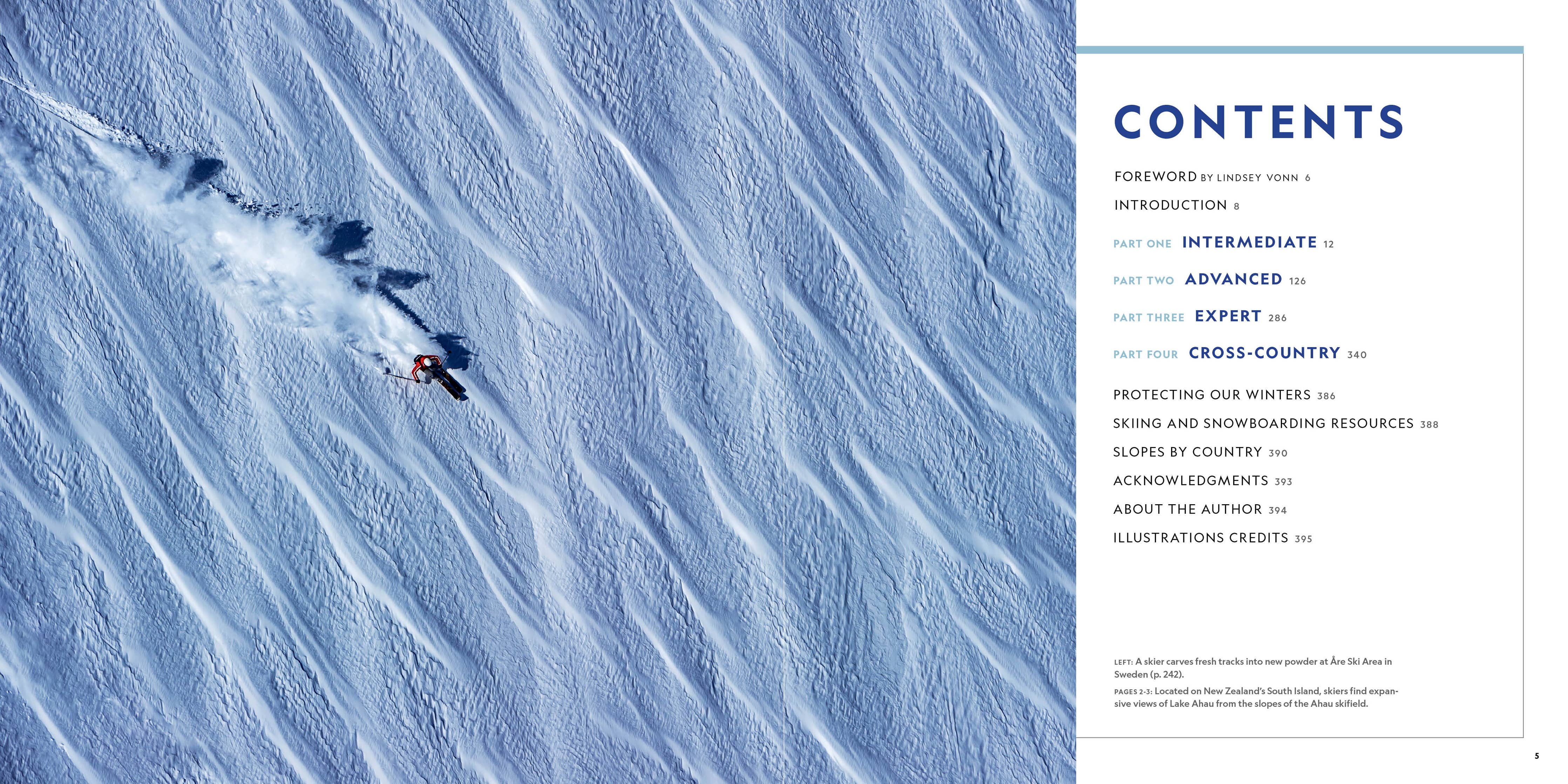 A printed or digital booklet spread showing a large snowy mountain slope on the left and a contents page on the right, with the title 'CONTENTS' and chapter headings in blue text.