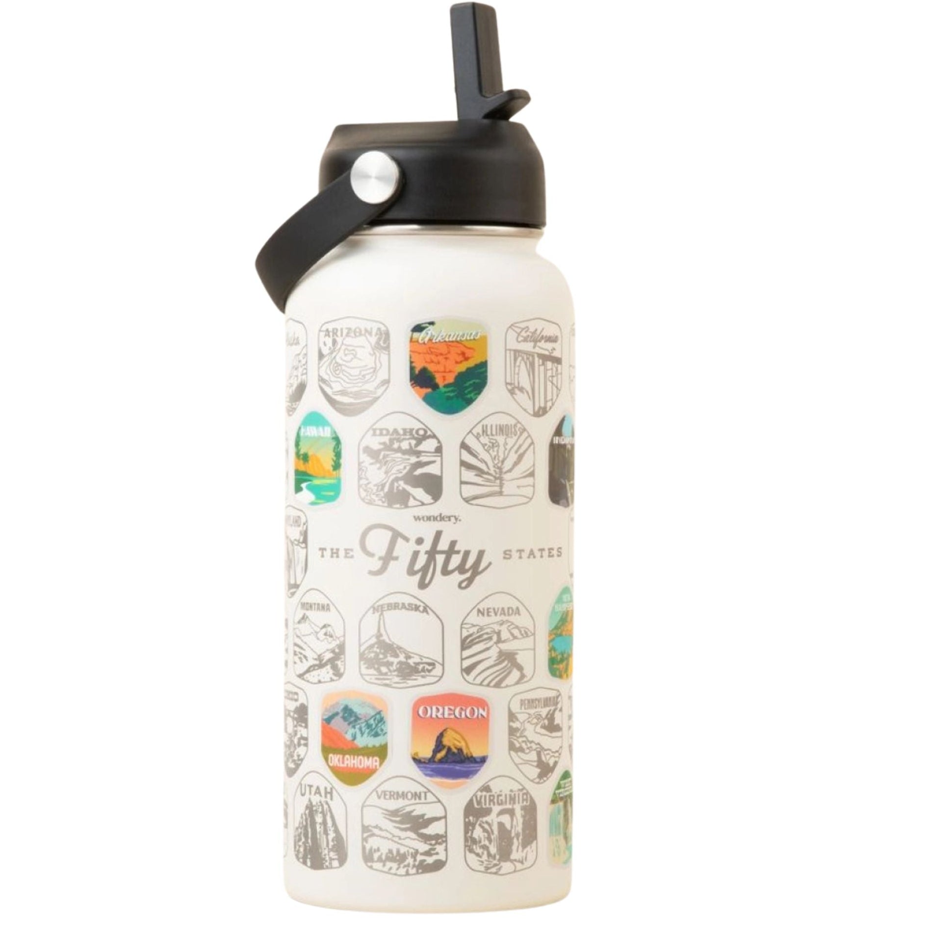 Water bottle with state icons and 'The Fifty' branding on a white background