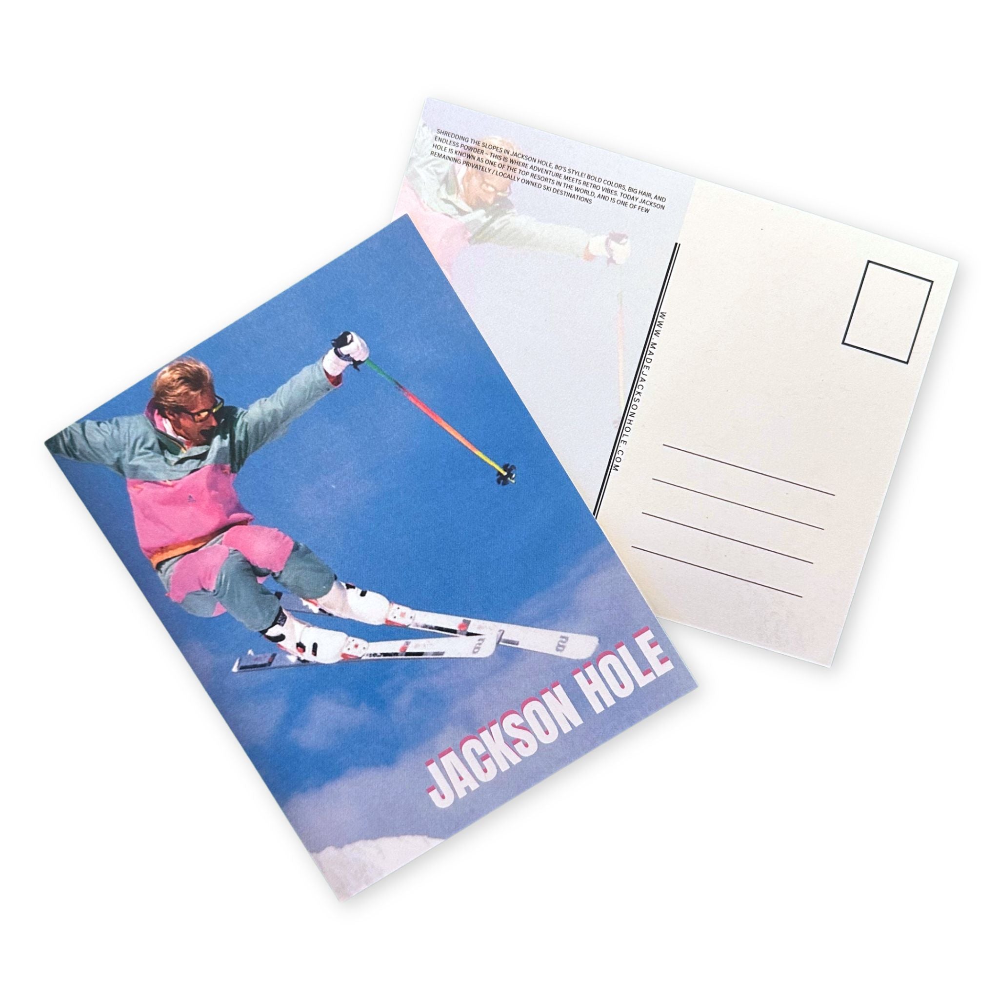 retro 80s skier on a bright postcard.