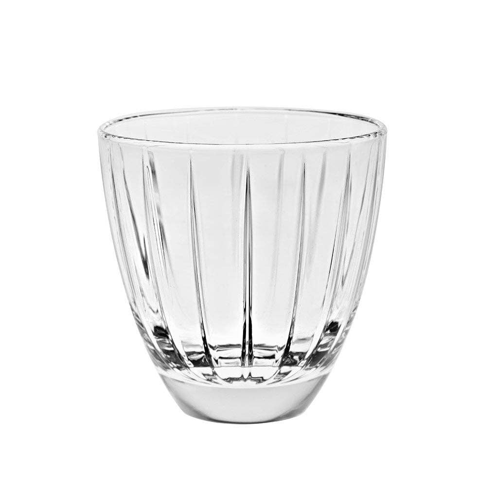 Clear glass tumbler with vertical ridges on a white background