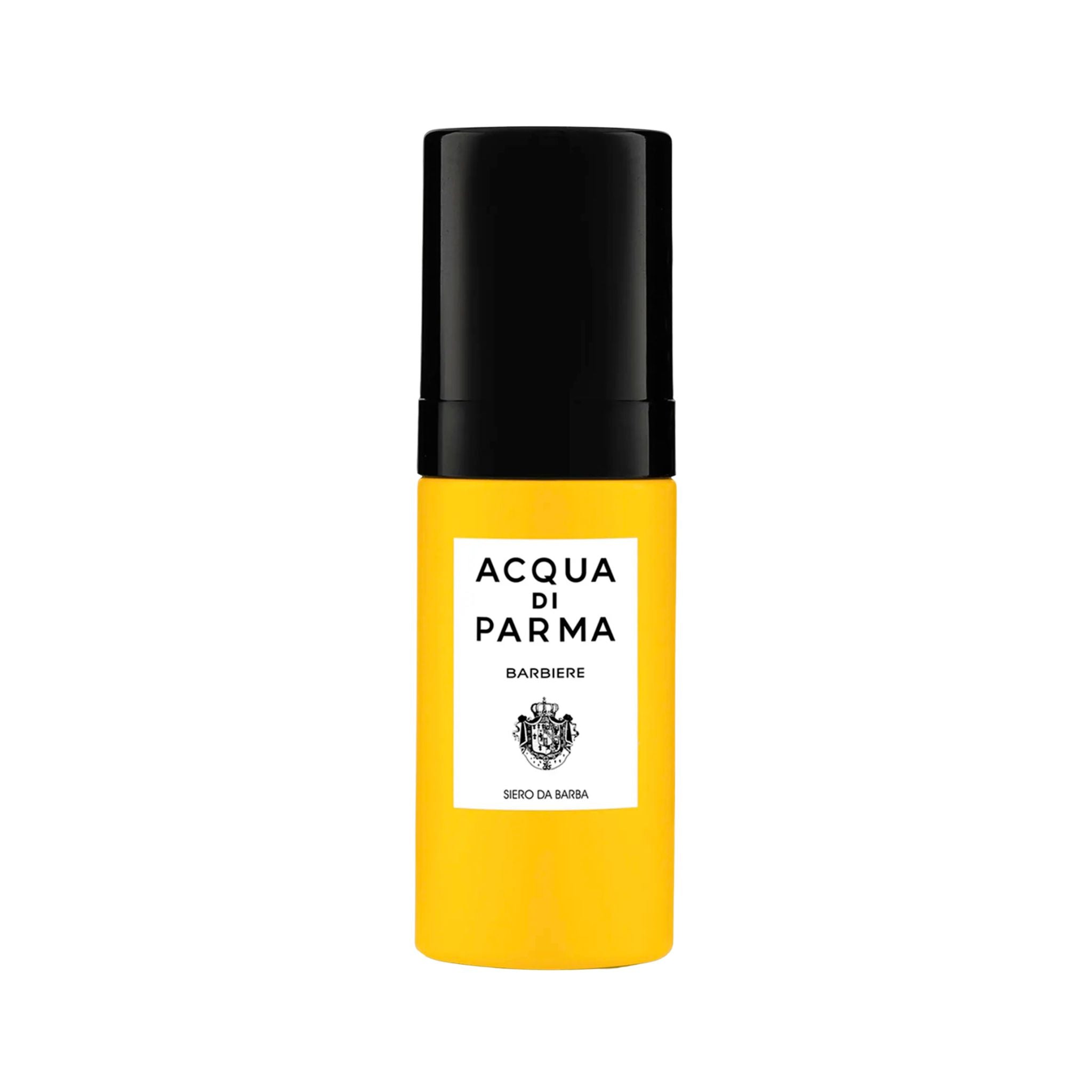 Yellow bottle with black cap of Acqua di Parma on a white background