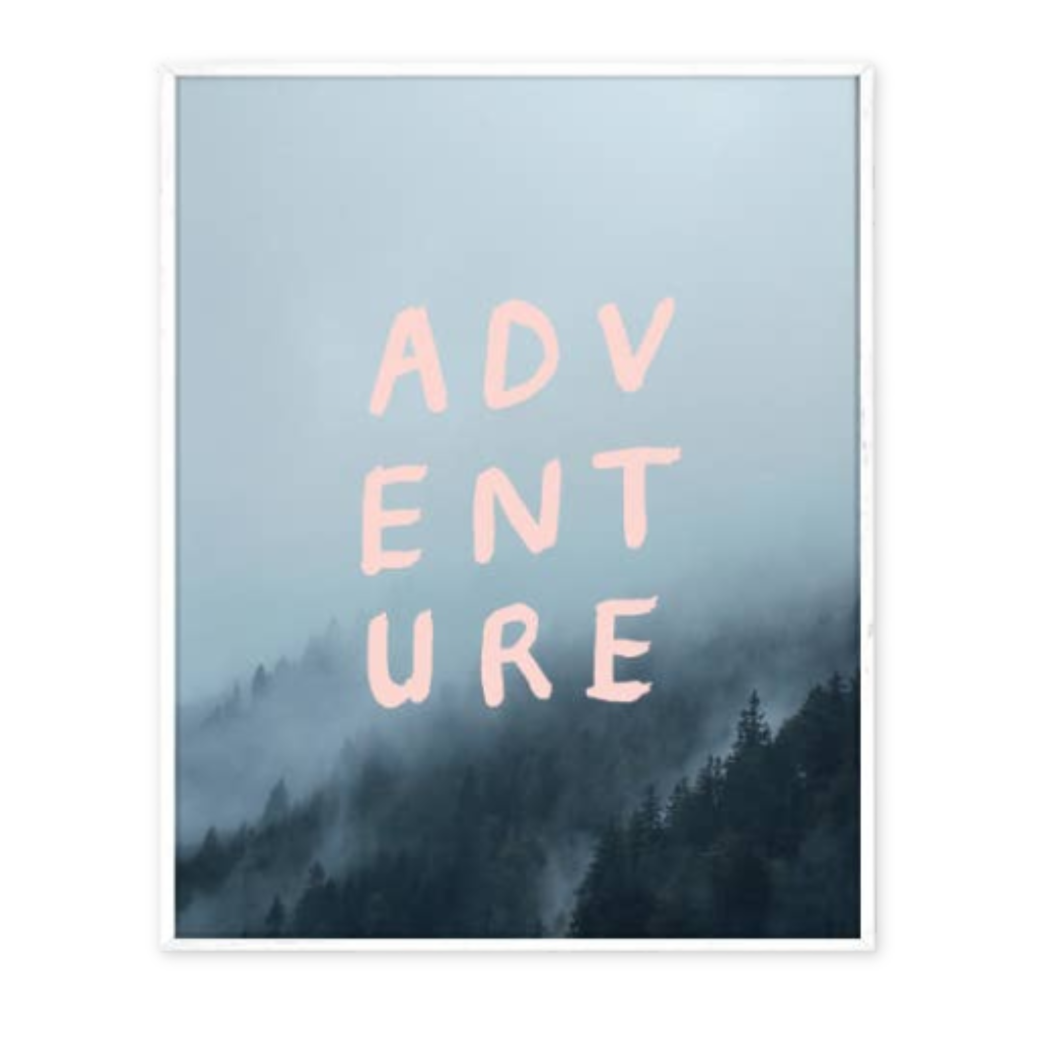 print with a misty forest scene and the word adventure on it