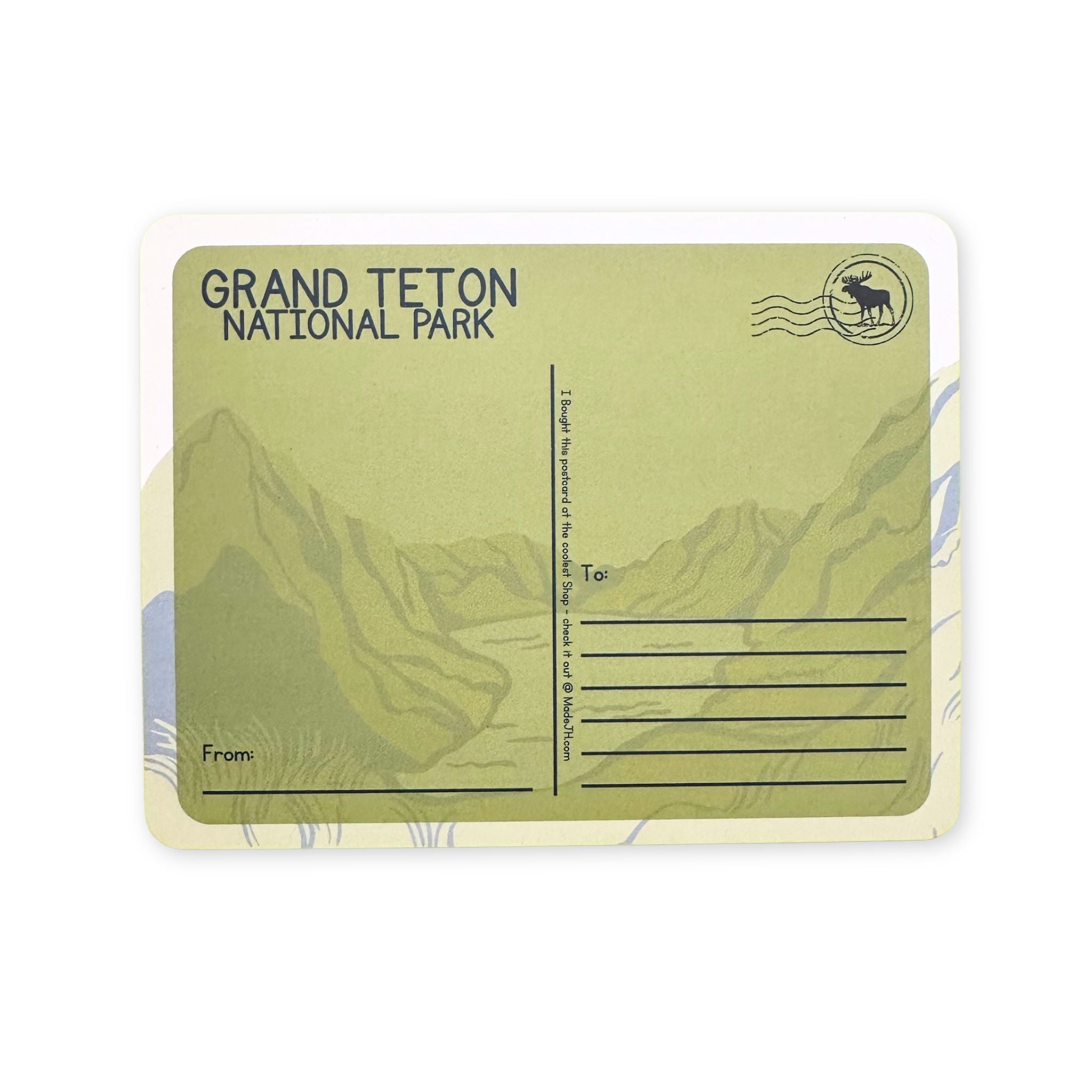 Postcard from Grand Teton National Park with mountain illustration and text