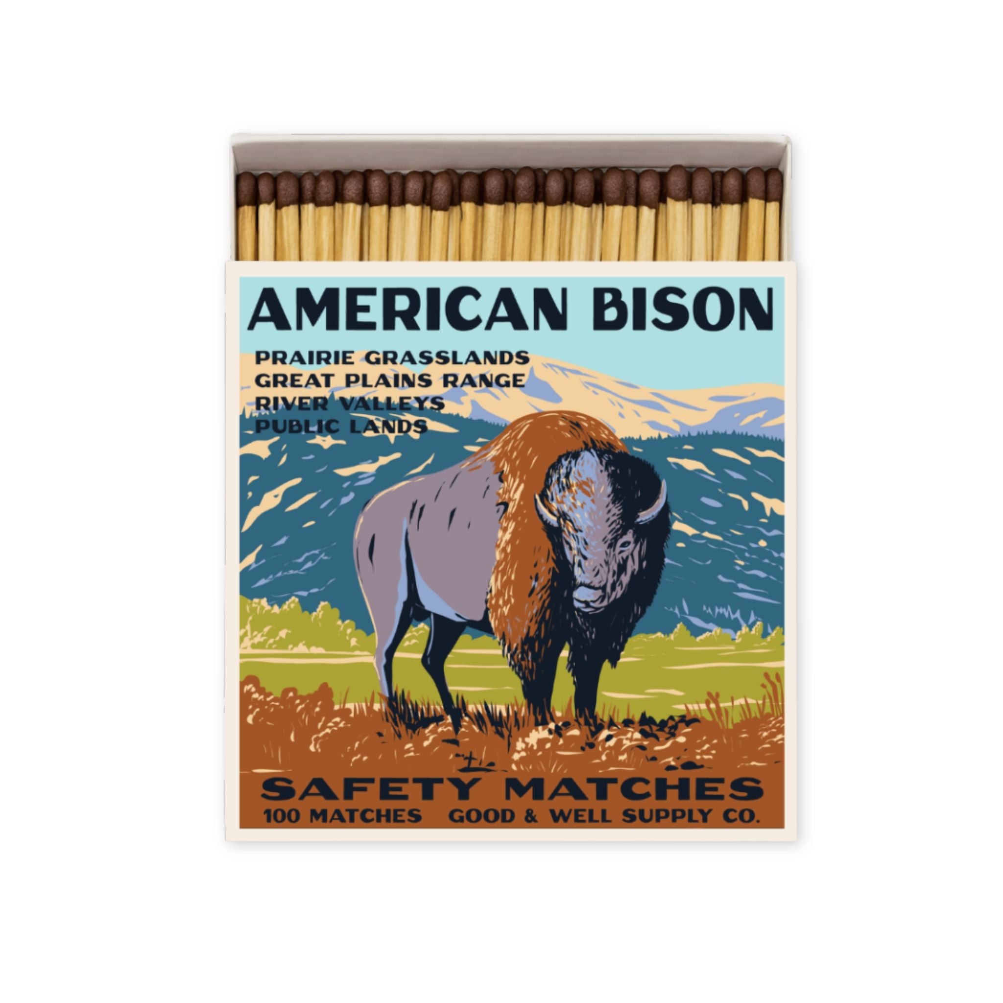Matchbox with an illustration of an American bison on a scenic background