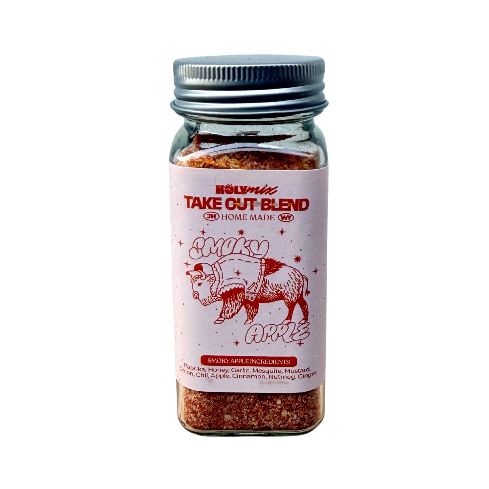 A bottle of Smokey Apple flavor seasoning mix featuring a white label with red text and illustrations, sealed with a silver metal cap on a white background.