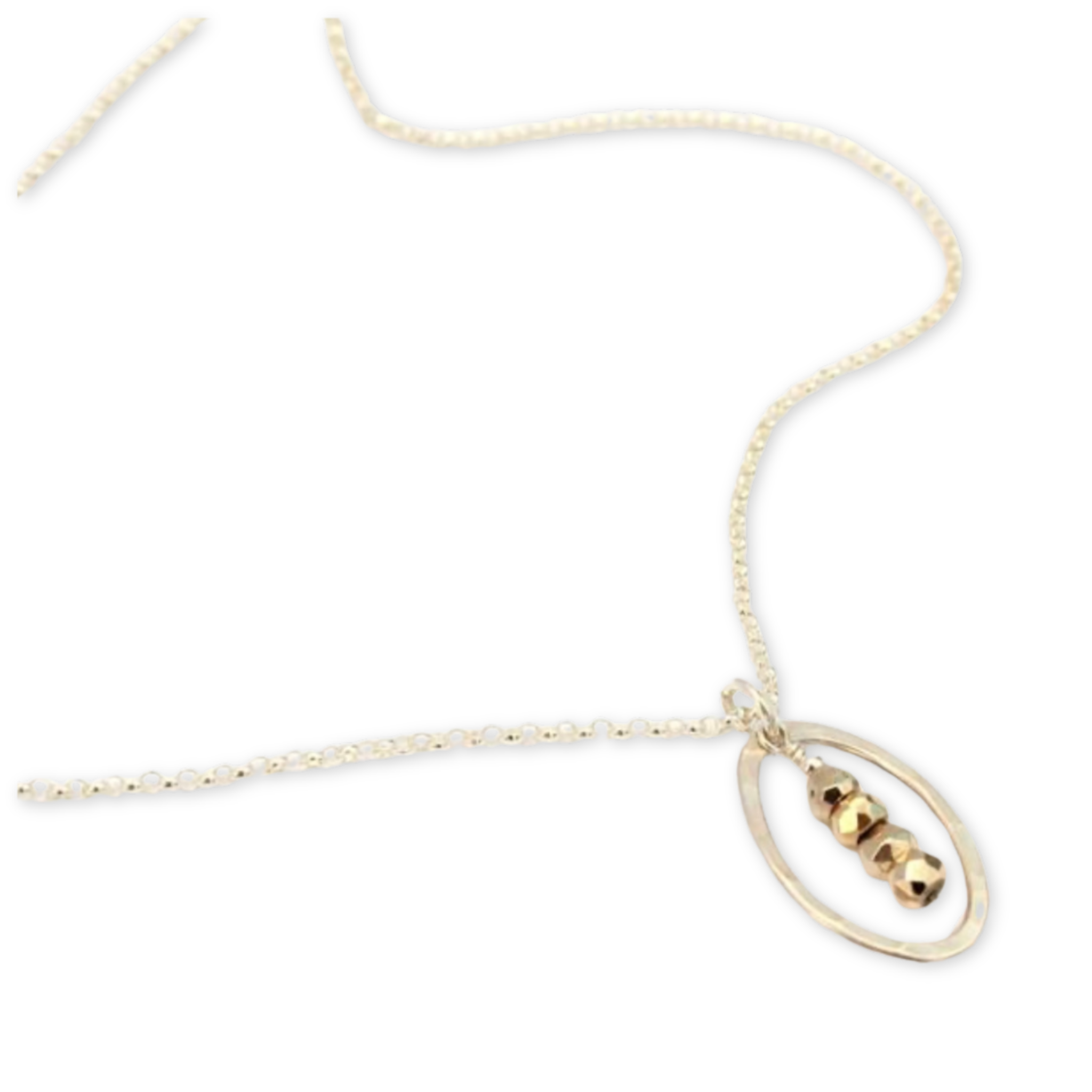 necklace with a hammered oval pendant encompassing four faceted stones