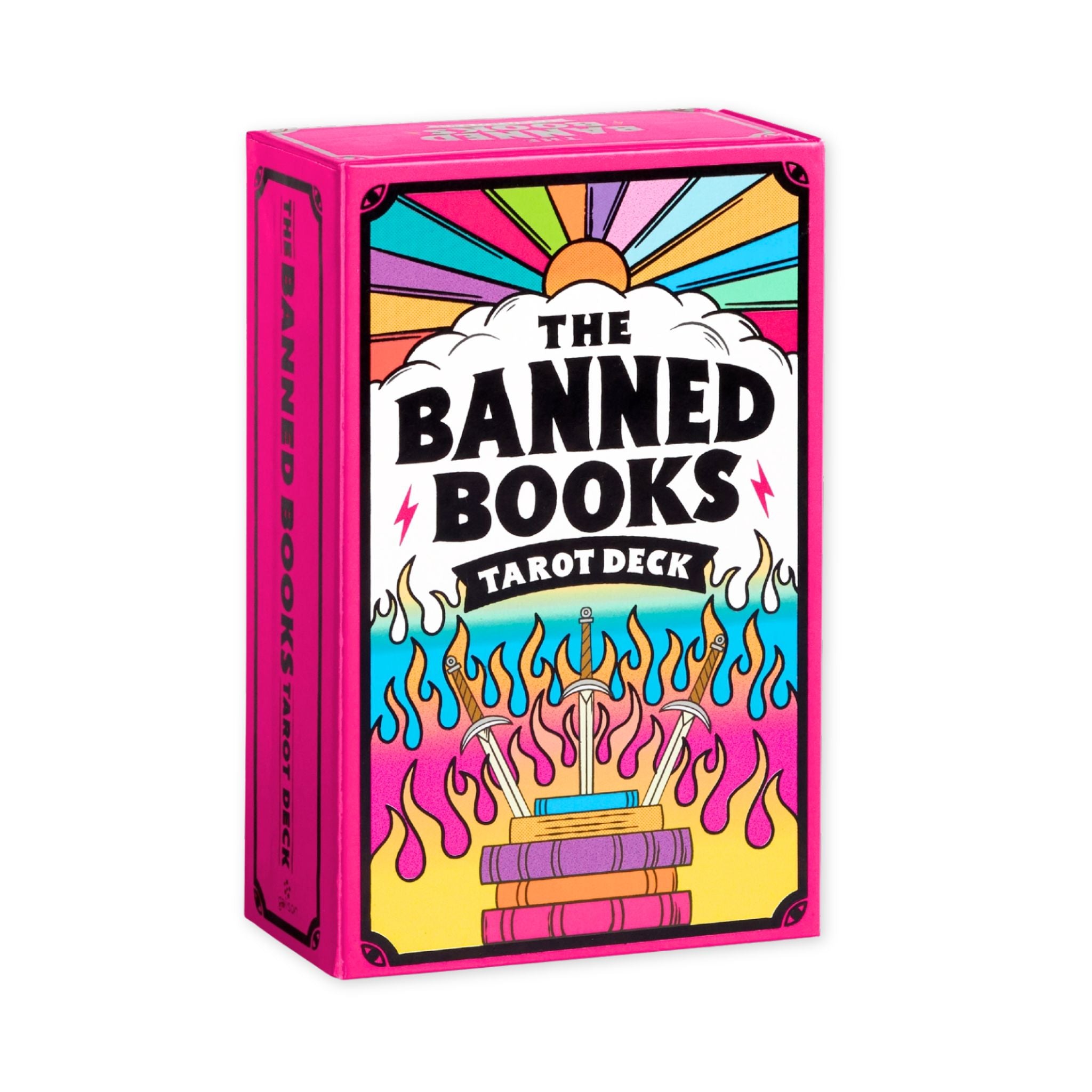 The Banned Books Tarot Deck packaging with colorful design on a white background