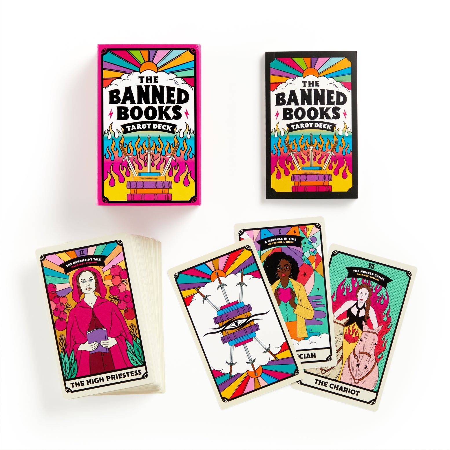 Banned Books Tarot Deck with colorful tarot cards and boxes on a white background