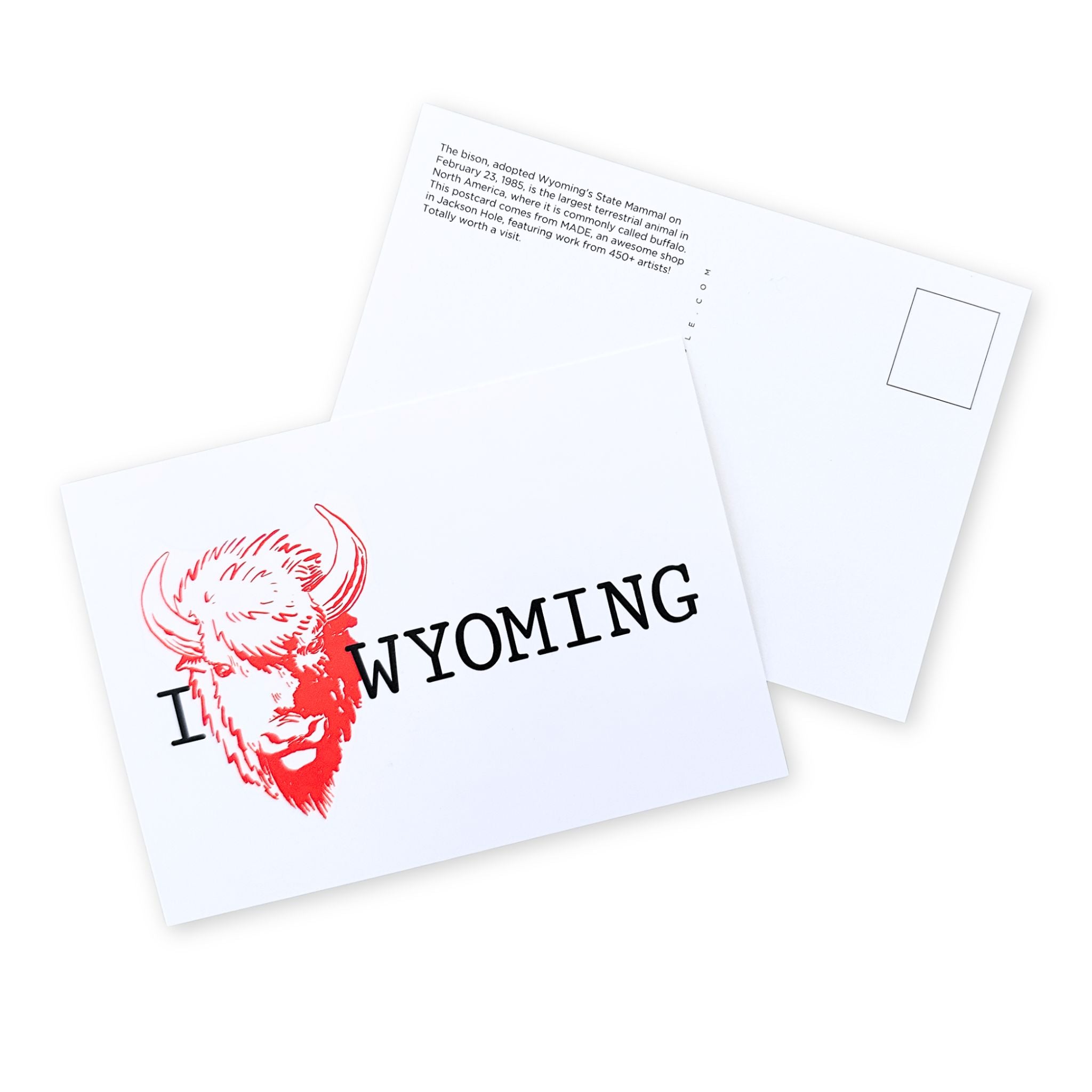 Postcard depicting "I Bison Wyoming" with a bison illustration in between "I" and "Wyoming".