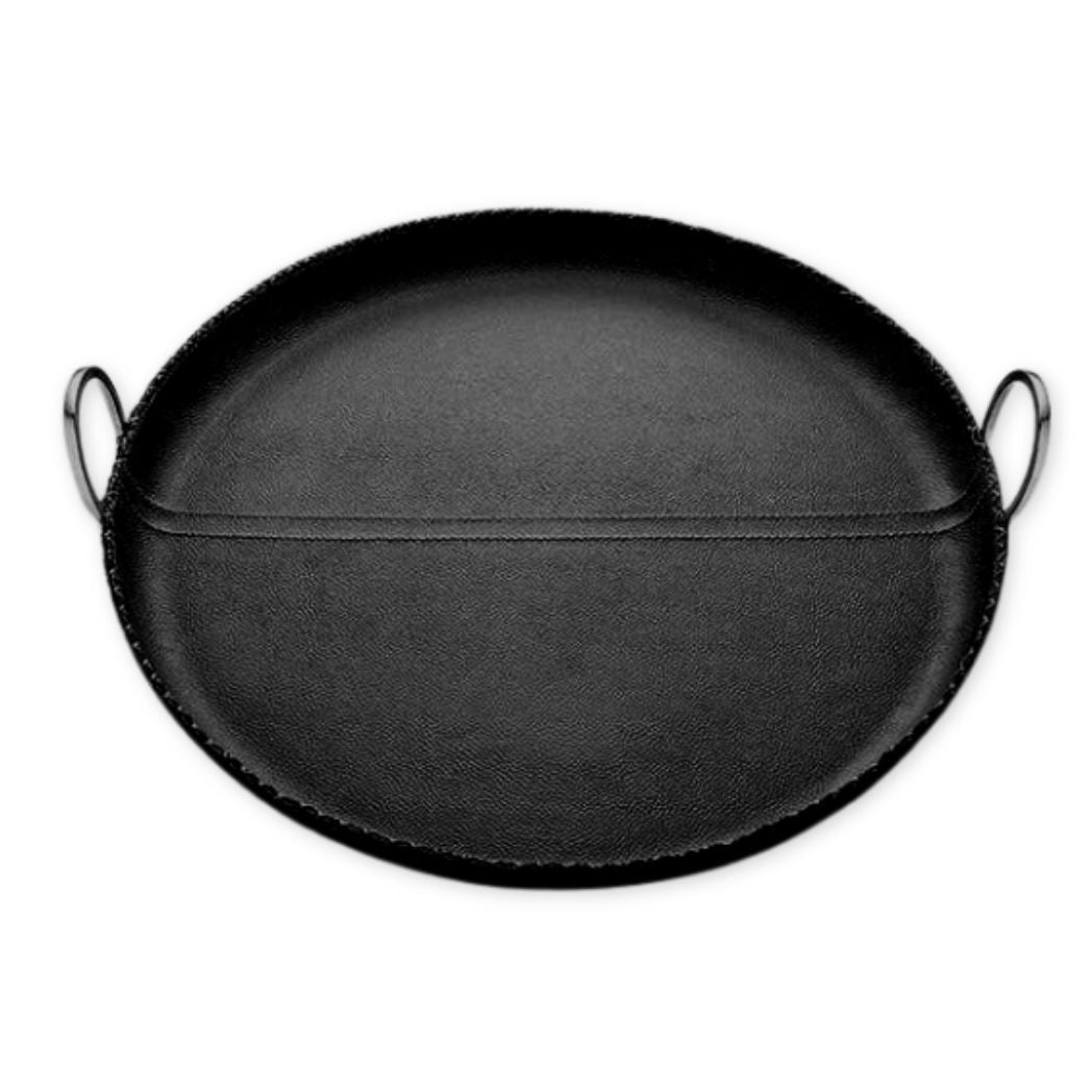 Black oval dish with handles on a white background