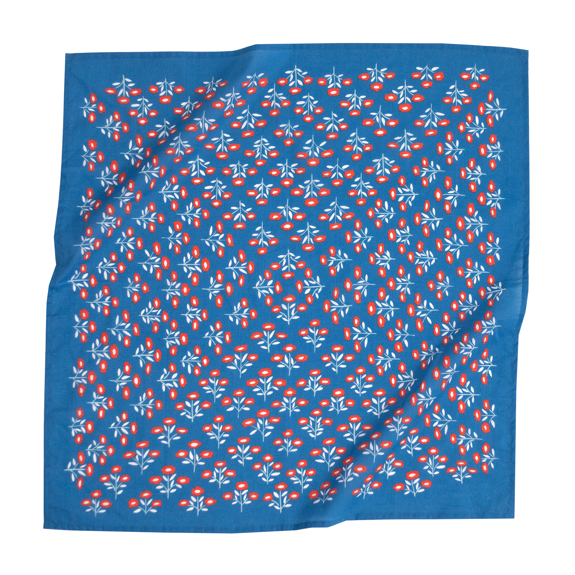 A blue bandana with a red and white floral pattern.
