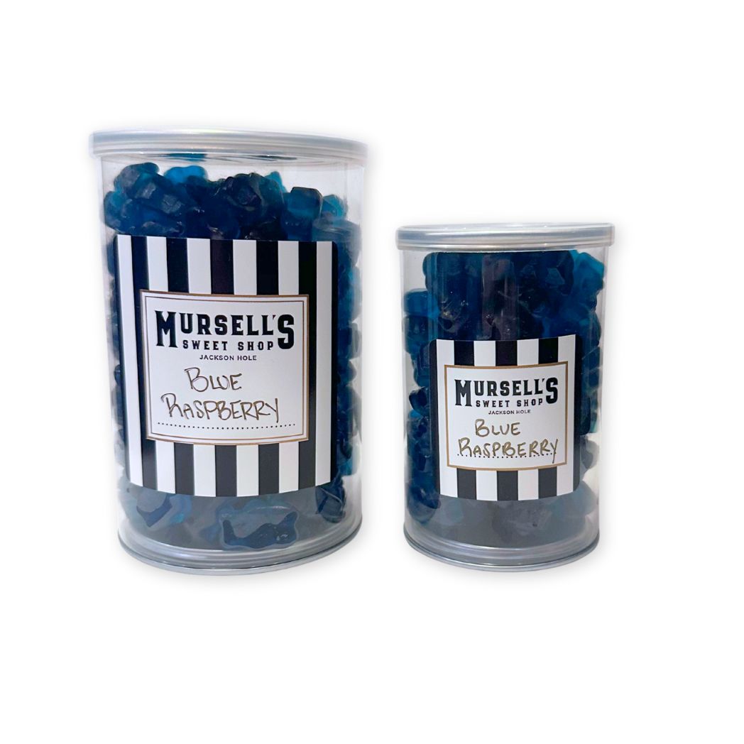 Small and Large Jars of Blue Raspberry gummi bears from Mursell's Sweet Shop.