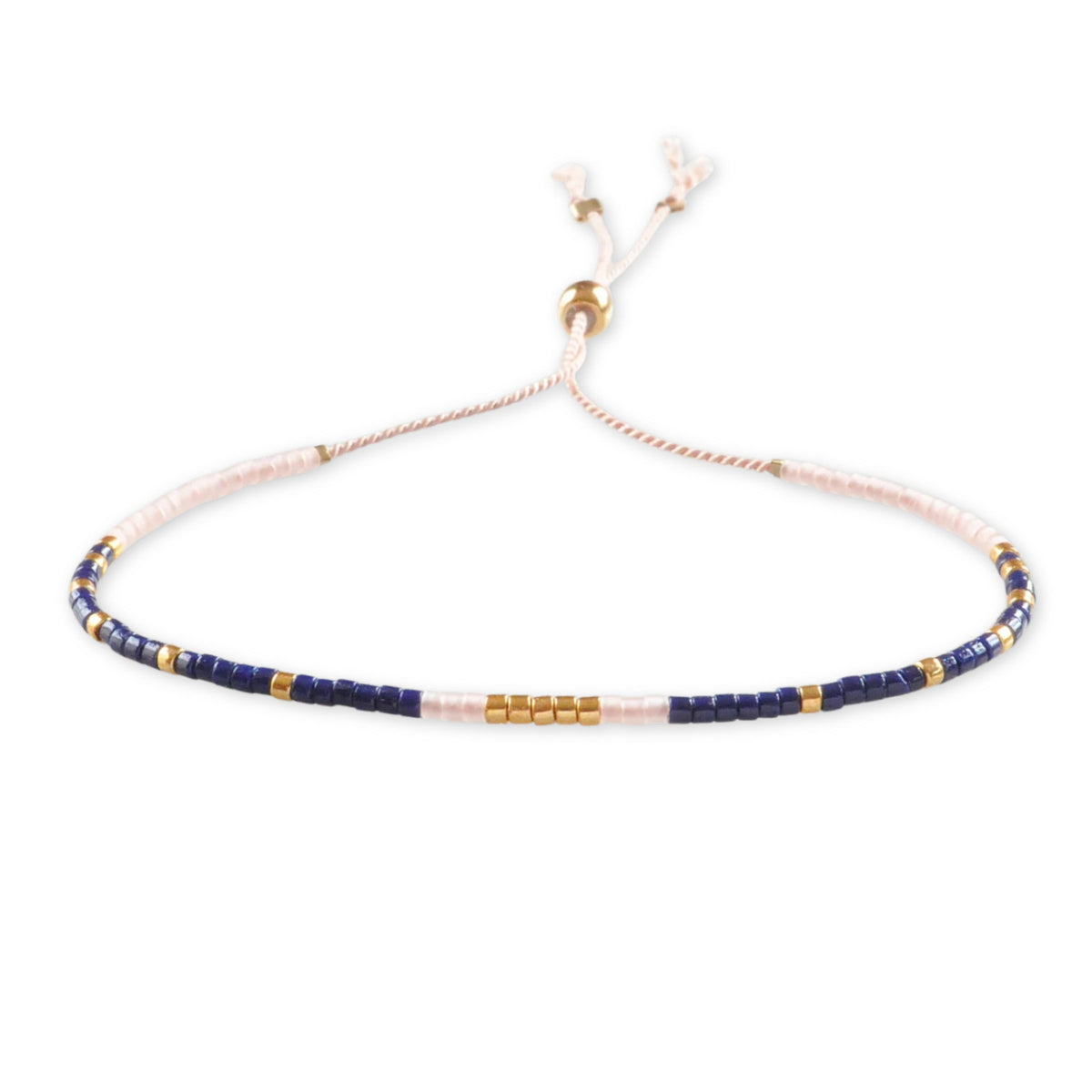 Adjustable Bracelet blue pink and gold beads.