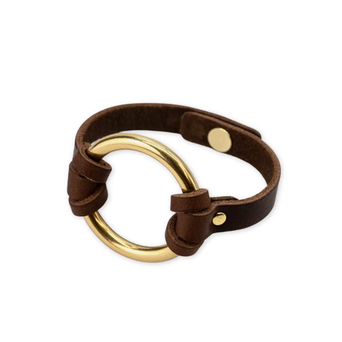 Brown Leather bracelet with brass ring in center.