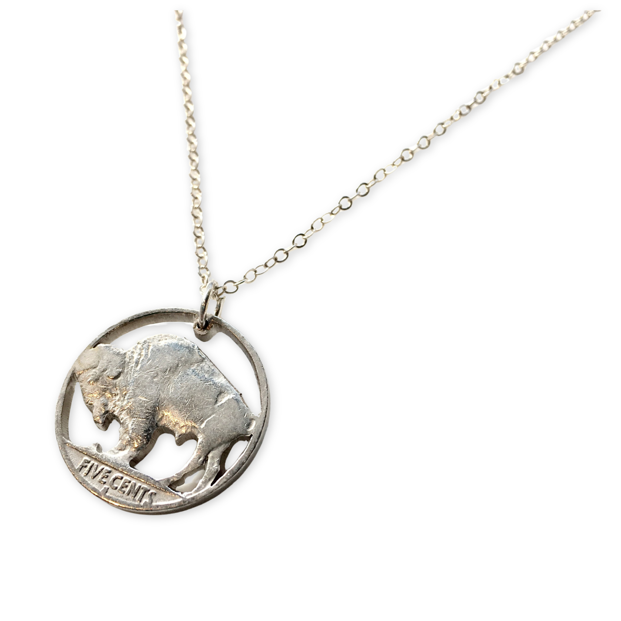 silver chain with a carved out buffalo nickel pendant