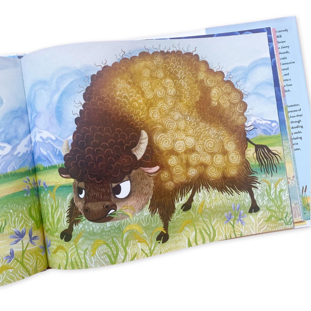 Illustration of a bison on a book page with a scenic background