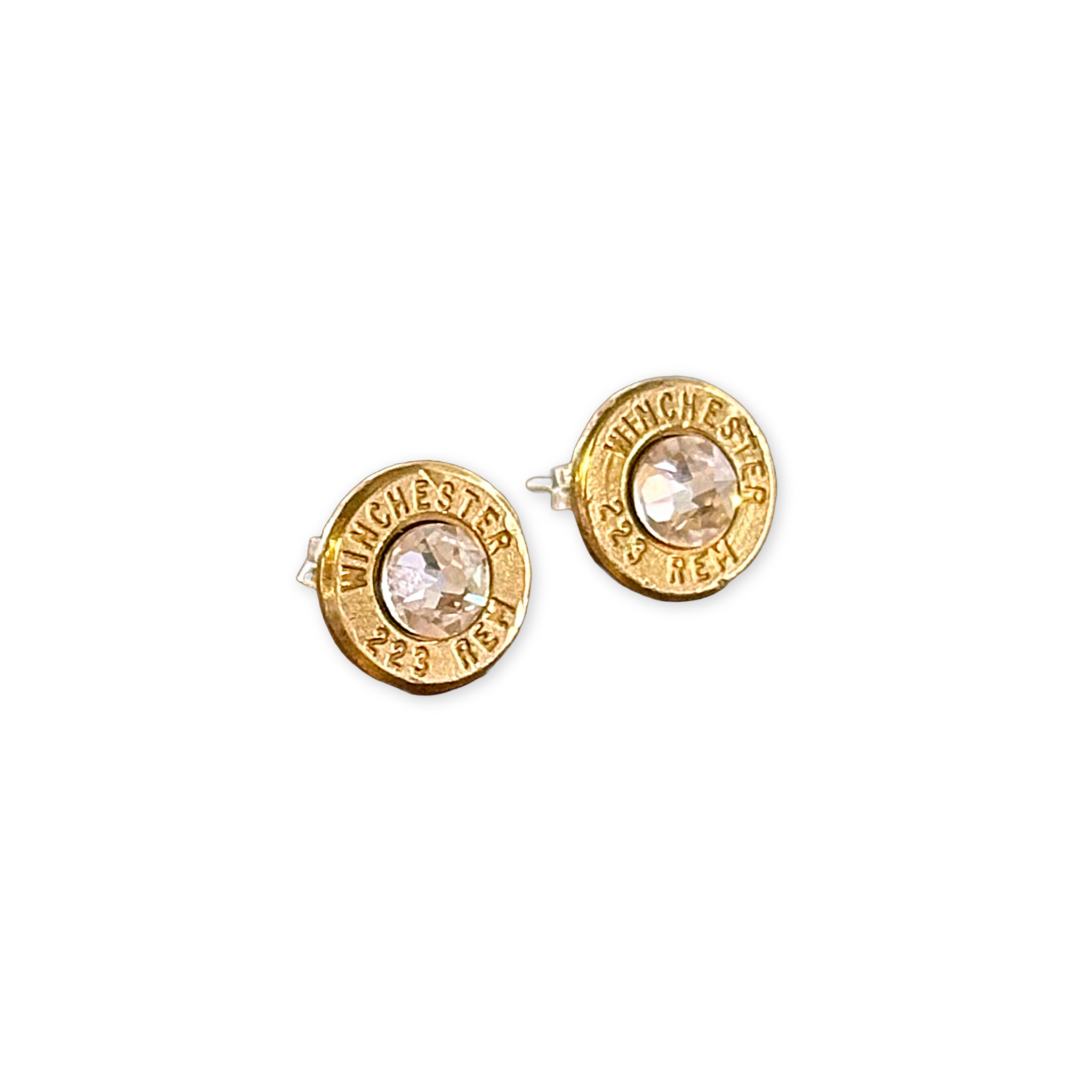 a pair of gold bullet studs with Swarovski crystals
