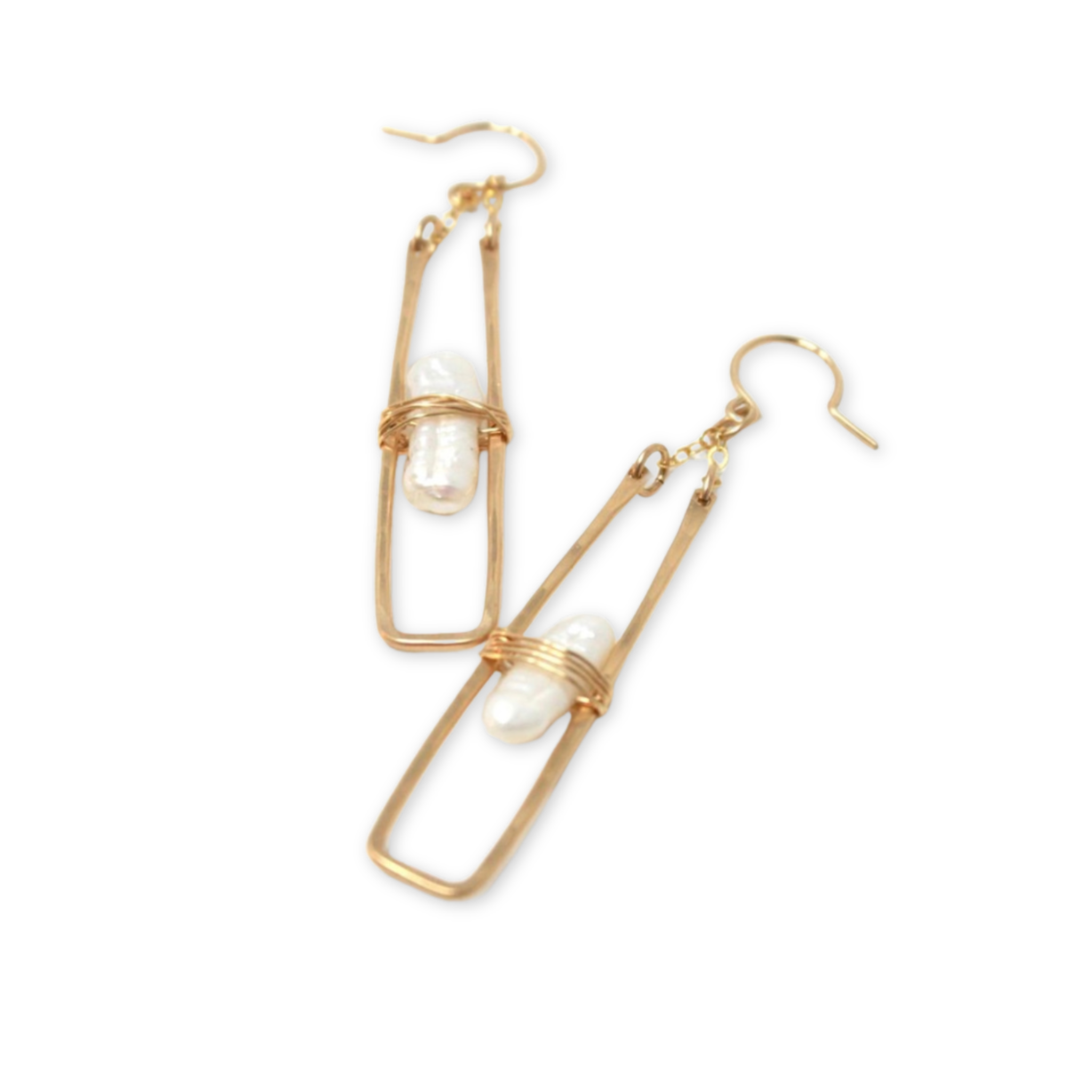 freshwater pearls wired into hand forged rectangle pendants hanging on ear wire