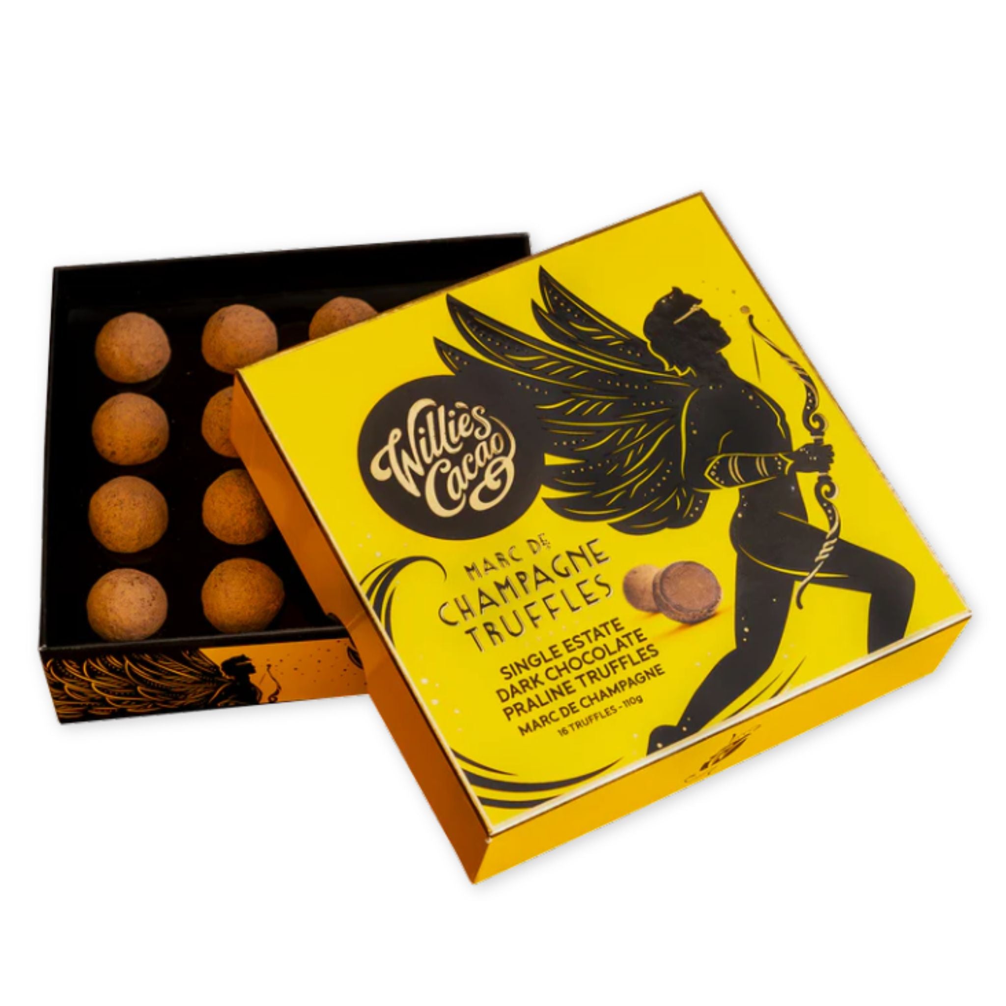 Willies Cacao Marc de Champagne truffles in a yellow and black box on a white background