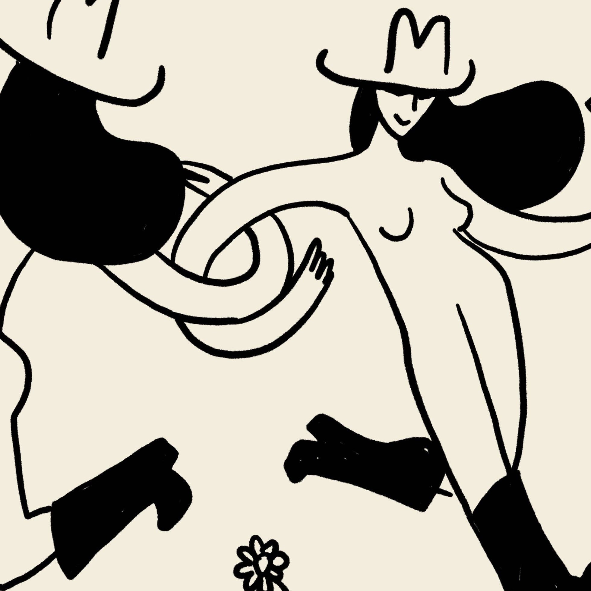 Surreal black and white illustration of a woman in a cowboy hat and boots with a dog.