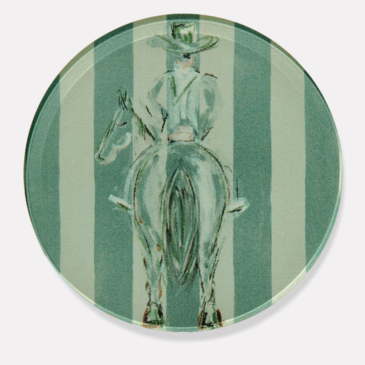 A round glass coaster featuring a vintage-style illustration of a rider on a horse against a background of vertical mint green and white stripes.