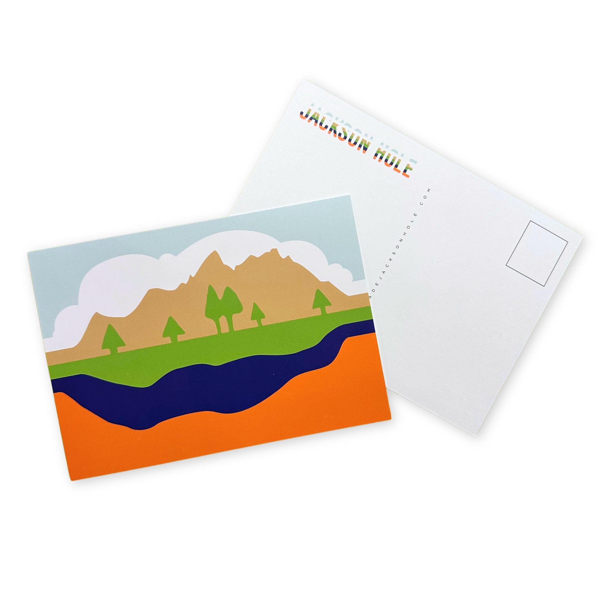 Postcard of the tetons in color block form.