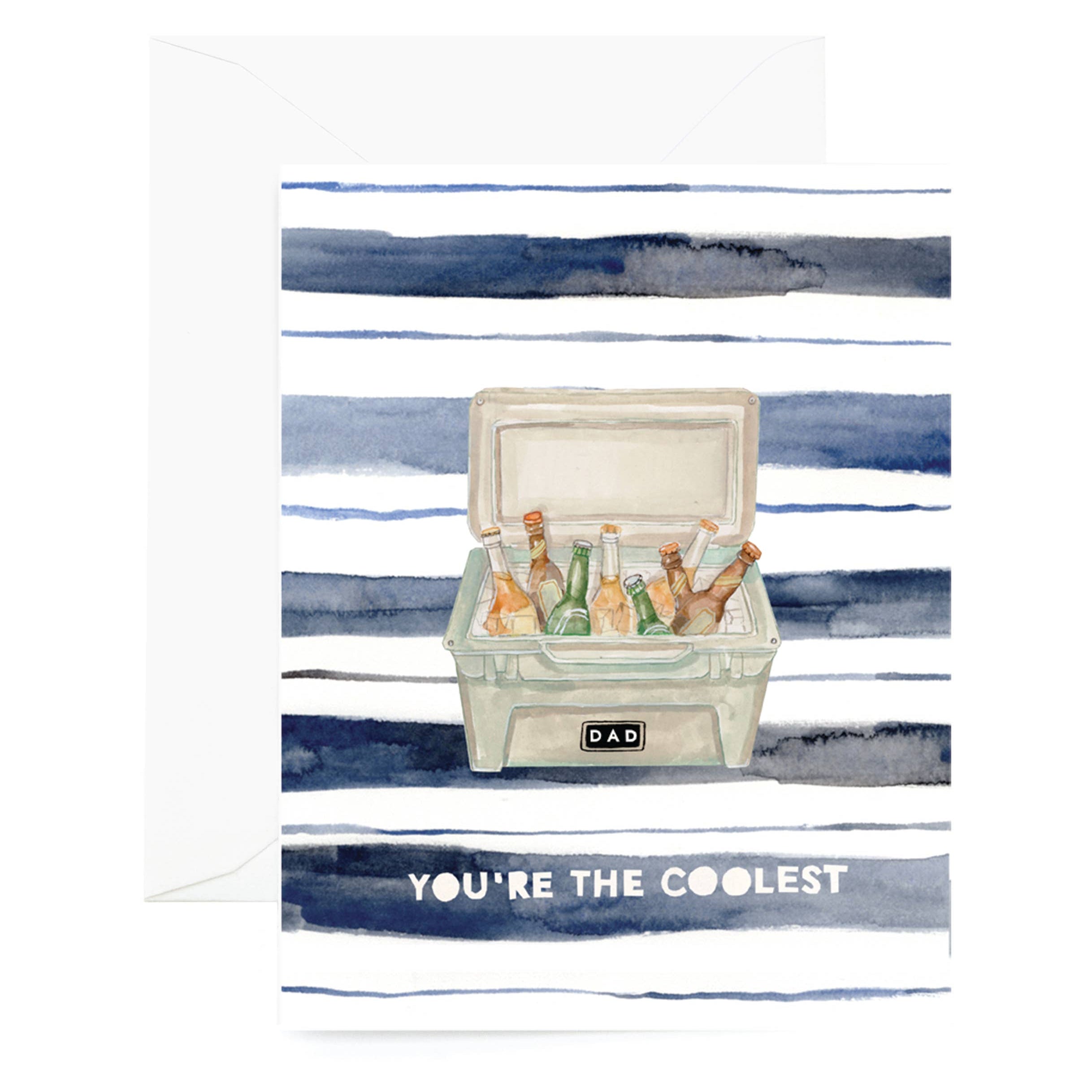 Card with a cooler full of bottles and 'Dad' text on a striped background